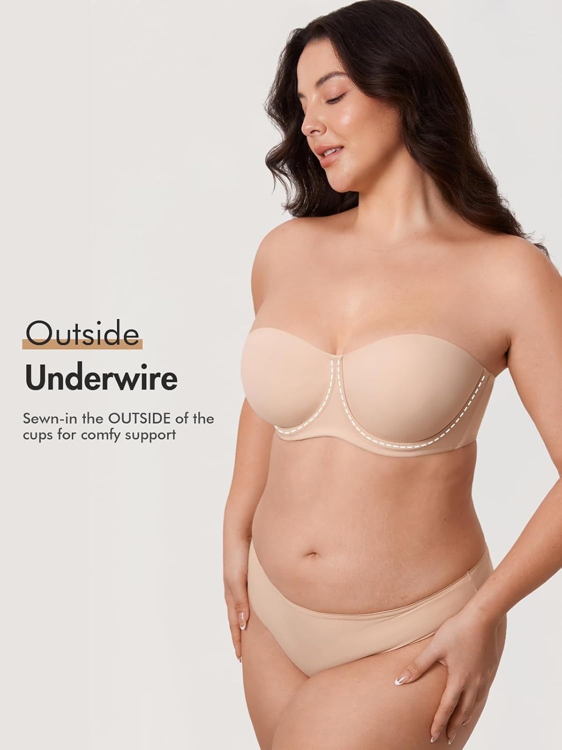 image:imageDELIMIRA Confishape Strapless Bras for Women Full Coverage Plus Size Bandeau Underwire Unlined BraBeige Unlined