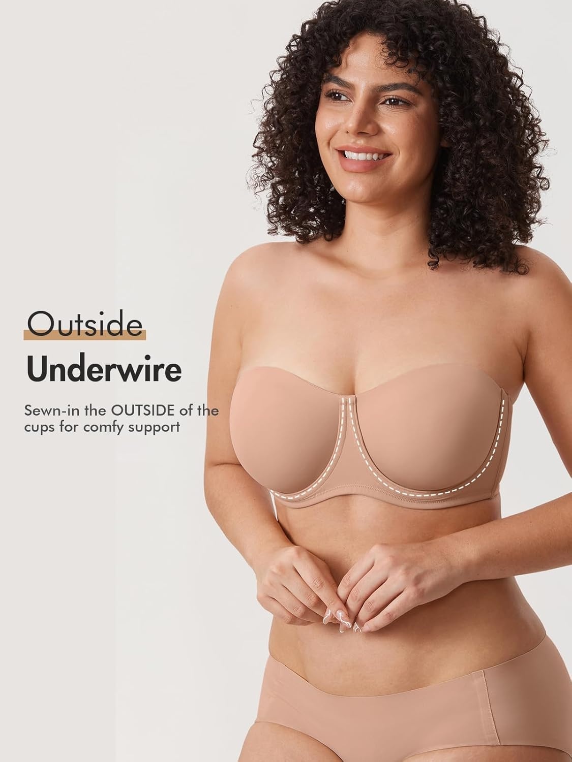 image:imageDELIMIRA Confishape Strapless Bras for Women Full Coverage Plus Size Bandeau Underwire Unlined BraWheat Beige Unlined