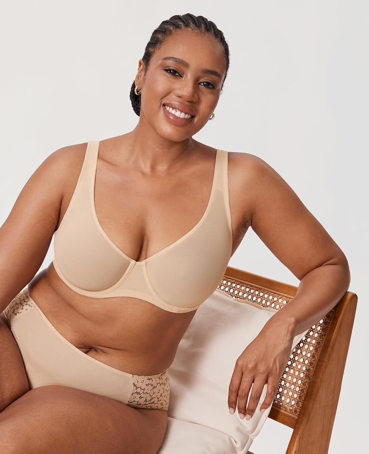 image:imageDELIMIRA Womens Cosnufy Sheer Balconette Bra Full Coverage See Through Plus Size Unlined Underwire BrasBeige