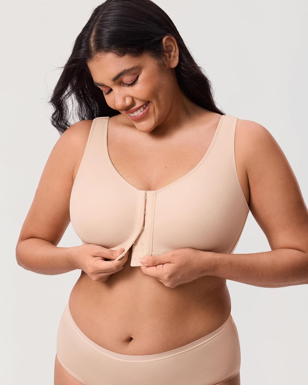 image:imageDELIMIRA Womens Inbarely Lift Front Closure Bras Full Coverage No Underwire Plus Size Unlined Seamless BraBeige