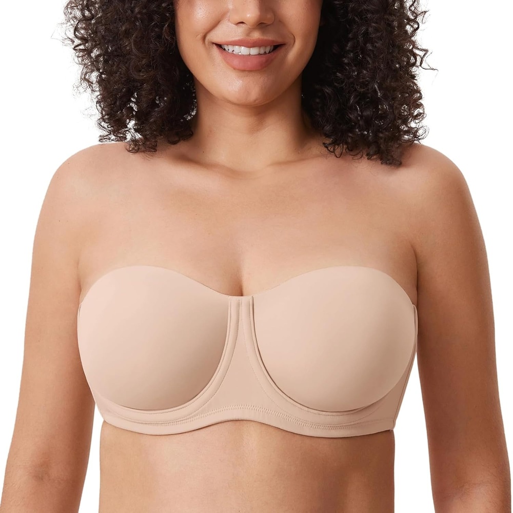 image:imageDELIMIRA Confishape Strapless Bras for Women Full Coverage Plus Size Bandeau Underwire Unlined BraBeige Unlined