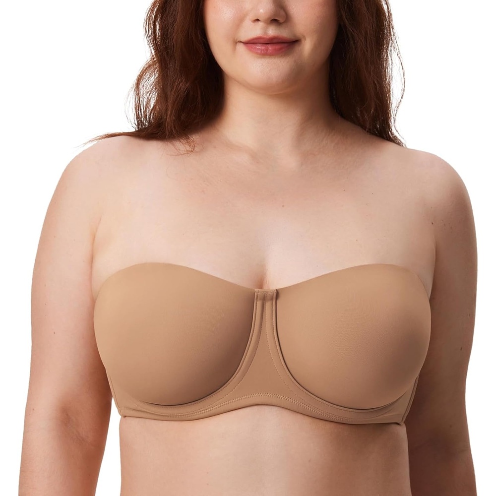 image:imageDELIMIRA Confishape Strapless Bras for Women Full Coverage Plus Size Bandeau Underwire Unlined BraGravel Beige Unlined