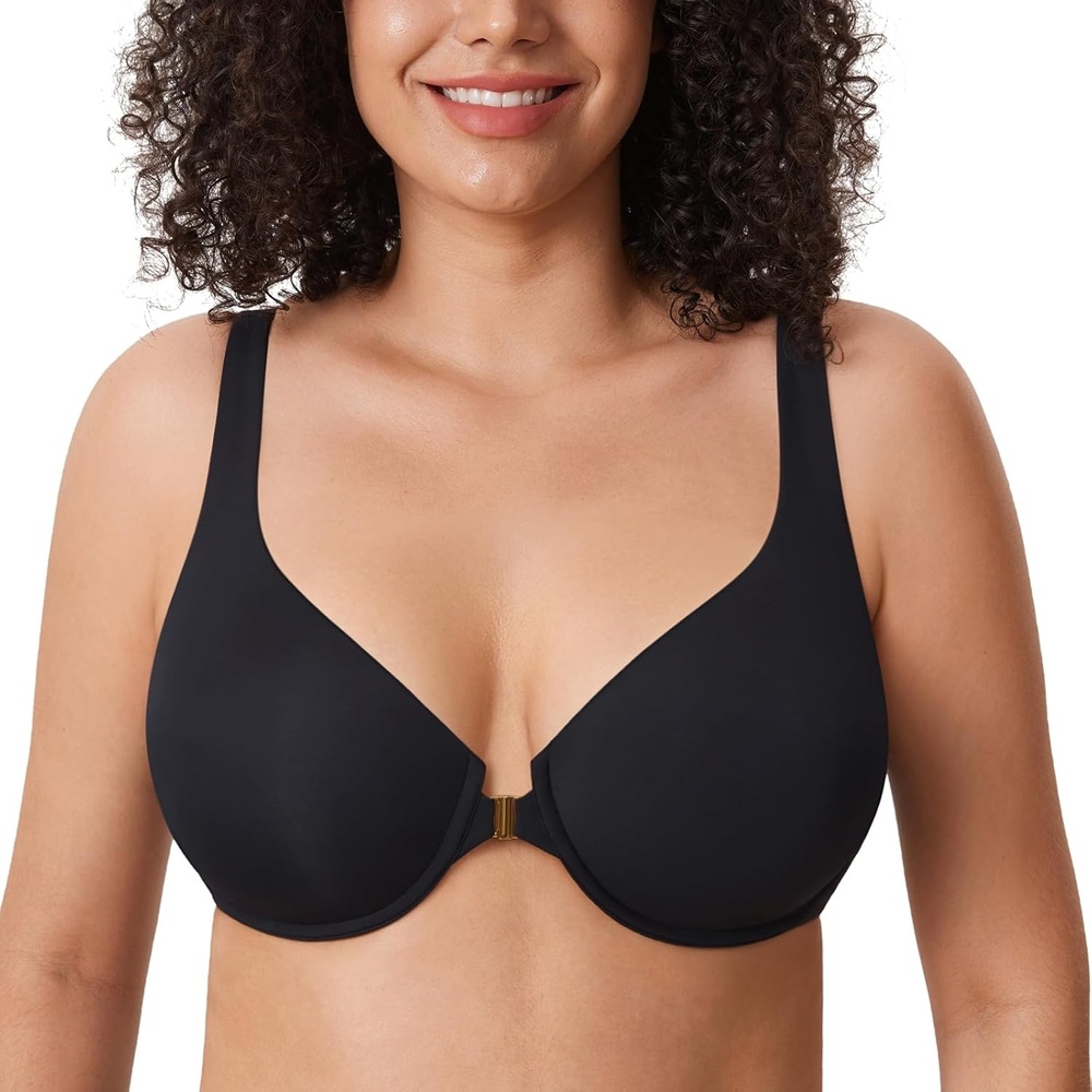 image:imageDELIMIRA Womens Confishape Front Closure Bras Balconette Plus Size Full Coverage Underwire Unlined BraBlack Unlined