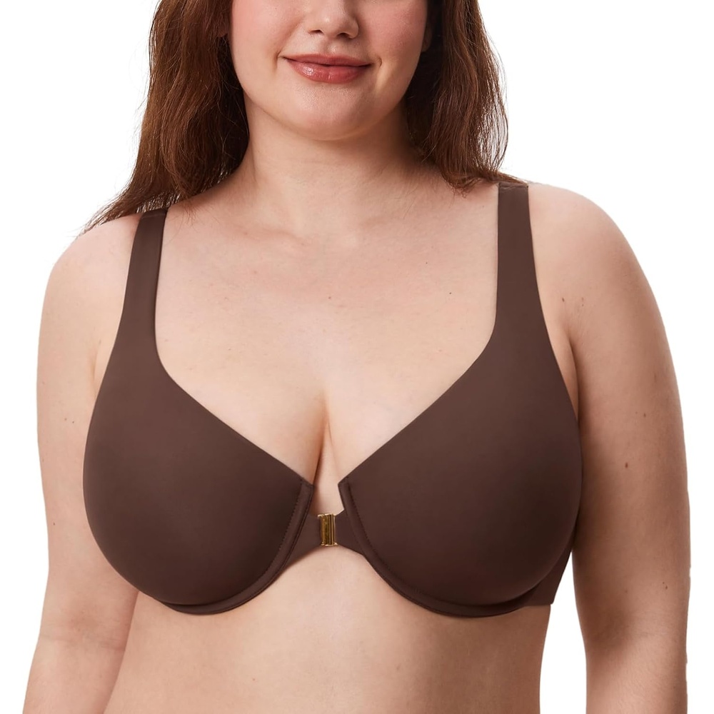 image:imageDELIMIRA Womens Confishape Front Closure Bras Balconette Plus Size Full Coverage Underwire Unlined BraHazelnut Unlined