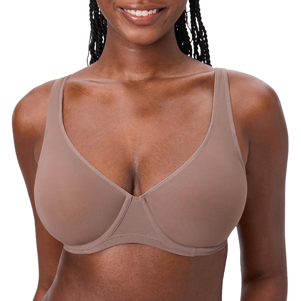 image:imageDELIMIRA Womens Cosnufy Sheer Balconette Bra Full Coverage See Through Plus Size Unlined Underwire BrasBrown Purple