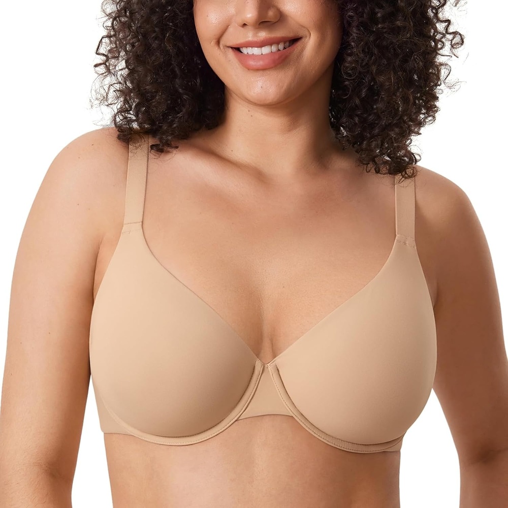 image:imageDELIMIRA Womens Inbarely Plus Plunge Bra Underwire Full Coverage Plus Size Unlined BrasWarm Beige Size Up Cup Band