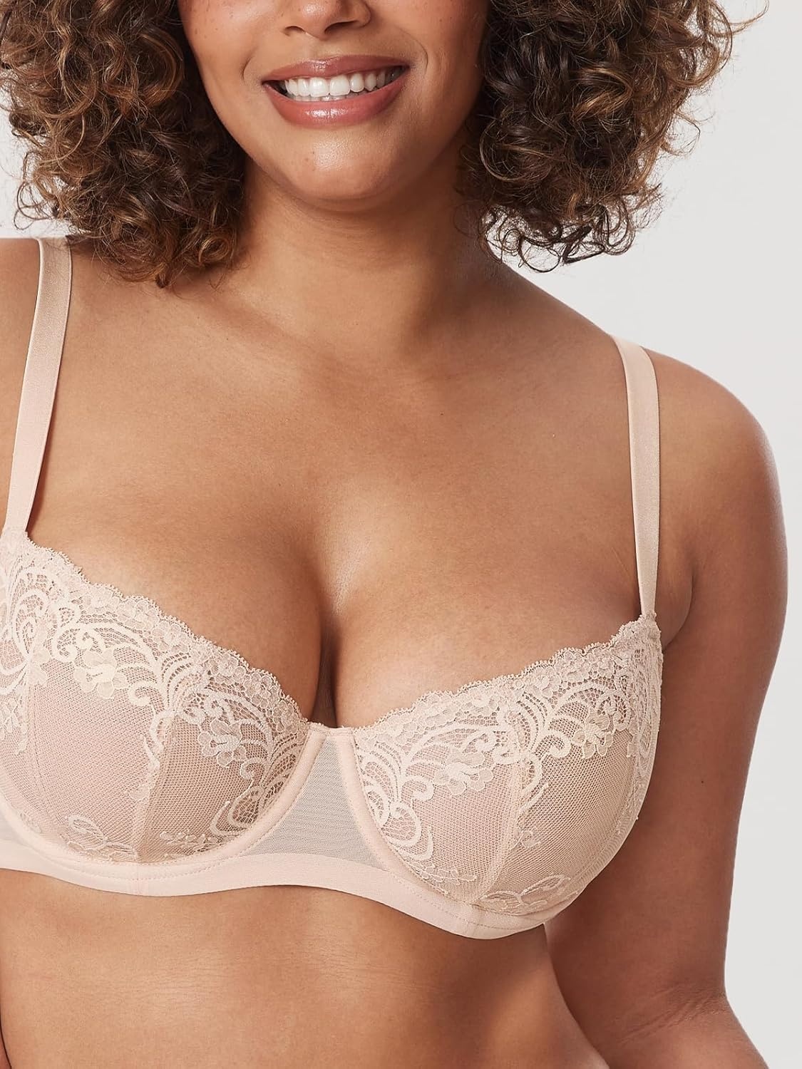 image:imageDELIMIRA Womens Balconette Lace Bra Plus Size Sexy See Through Unlined Underwire BrasBeige