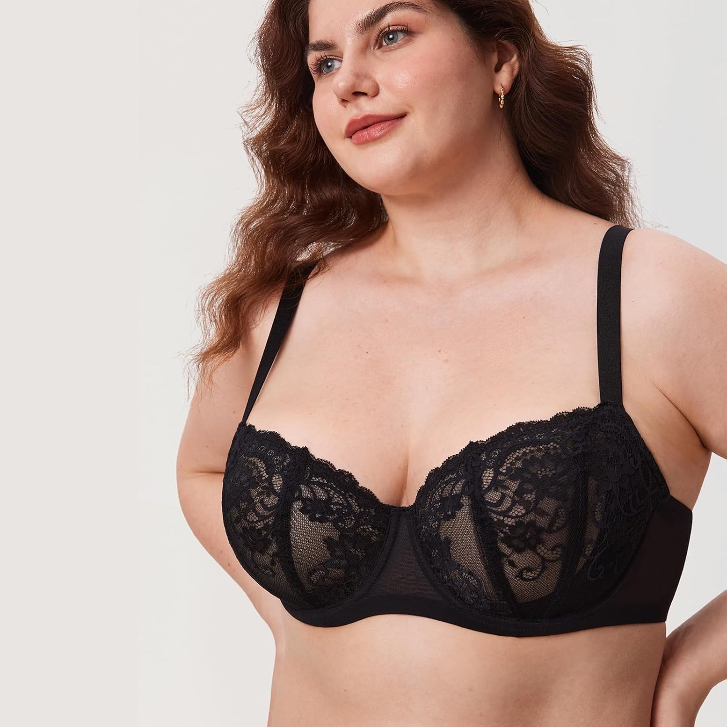 image:imageDELIMIRA Womens Balconette Lace Bra Plus Size Sexy See Through Unlined Underwire BrasBlack
