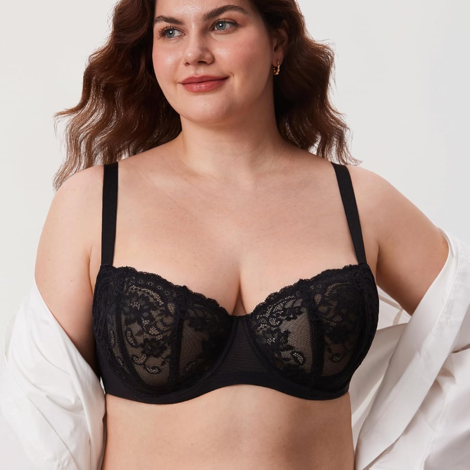 image:imageDELIMIRA Womens Balconette Lace Bra Plus Size Sexy See Through Unlined Underwire BrasBlack