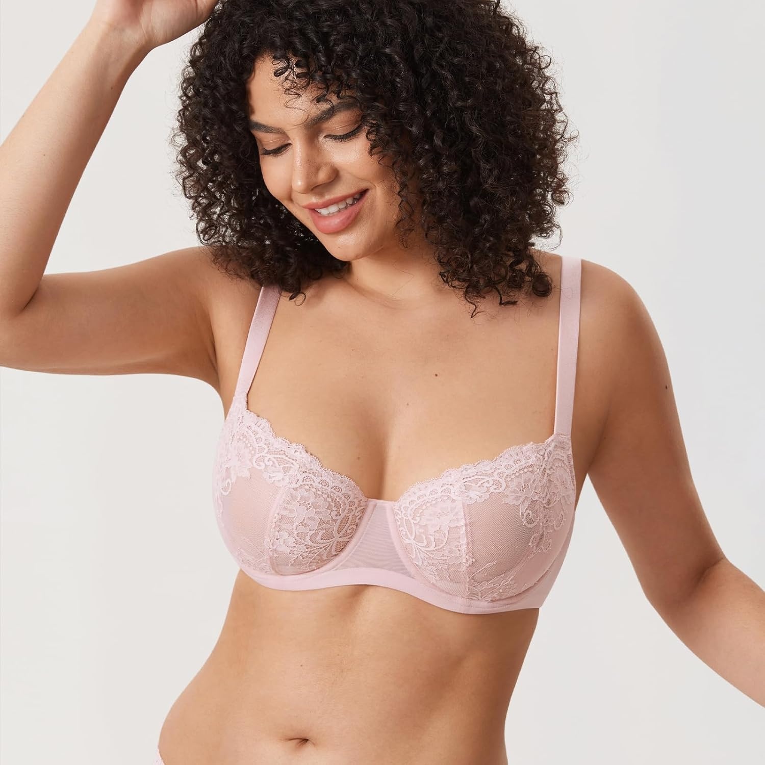 image:imageDELIMIRA Womens Balconette Lace Bra Plus Size Sexy See Through Unlined Underwire BrasGentle Rose