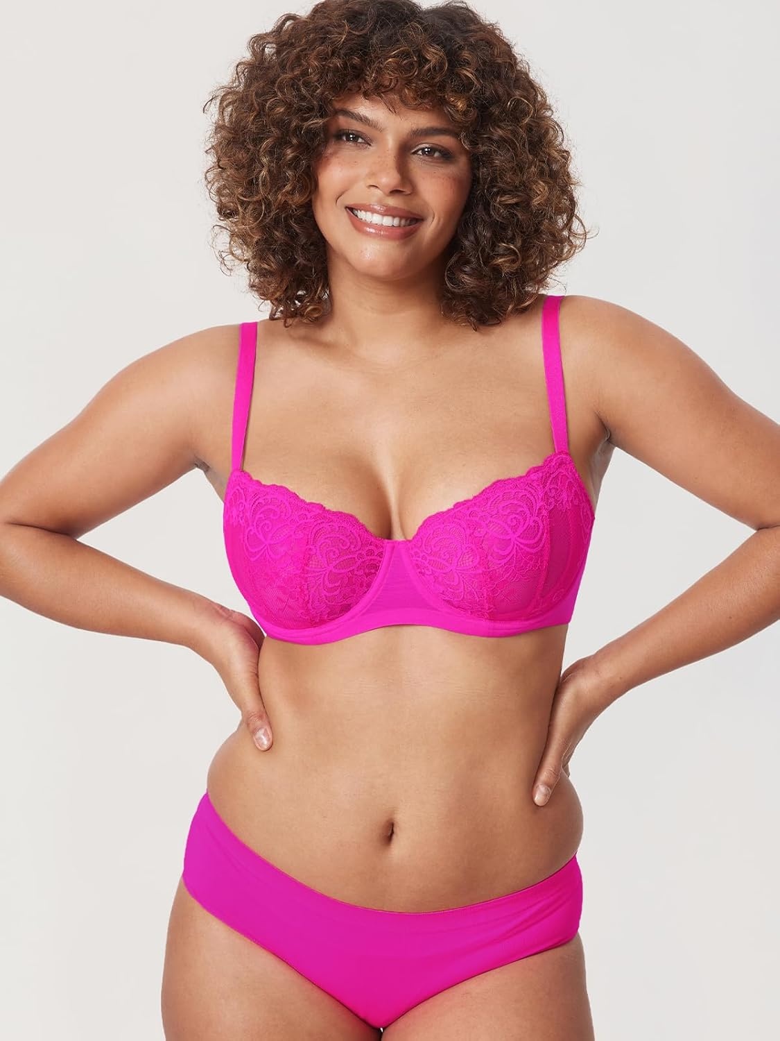 image:imageDELIMIRA Womens Balconette Lace Bra Plus Size Sexy See Through Unlined Underwire BrasGlitter Pink
