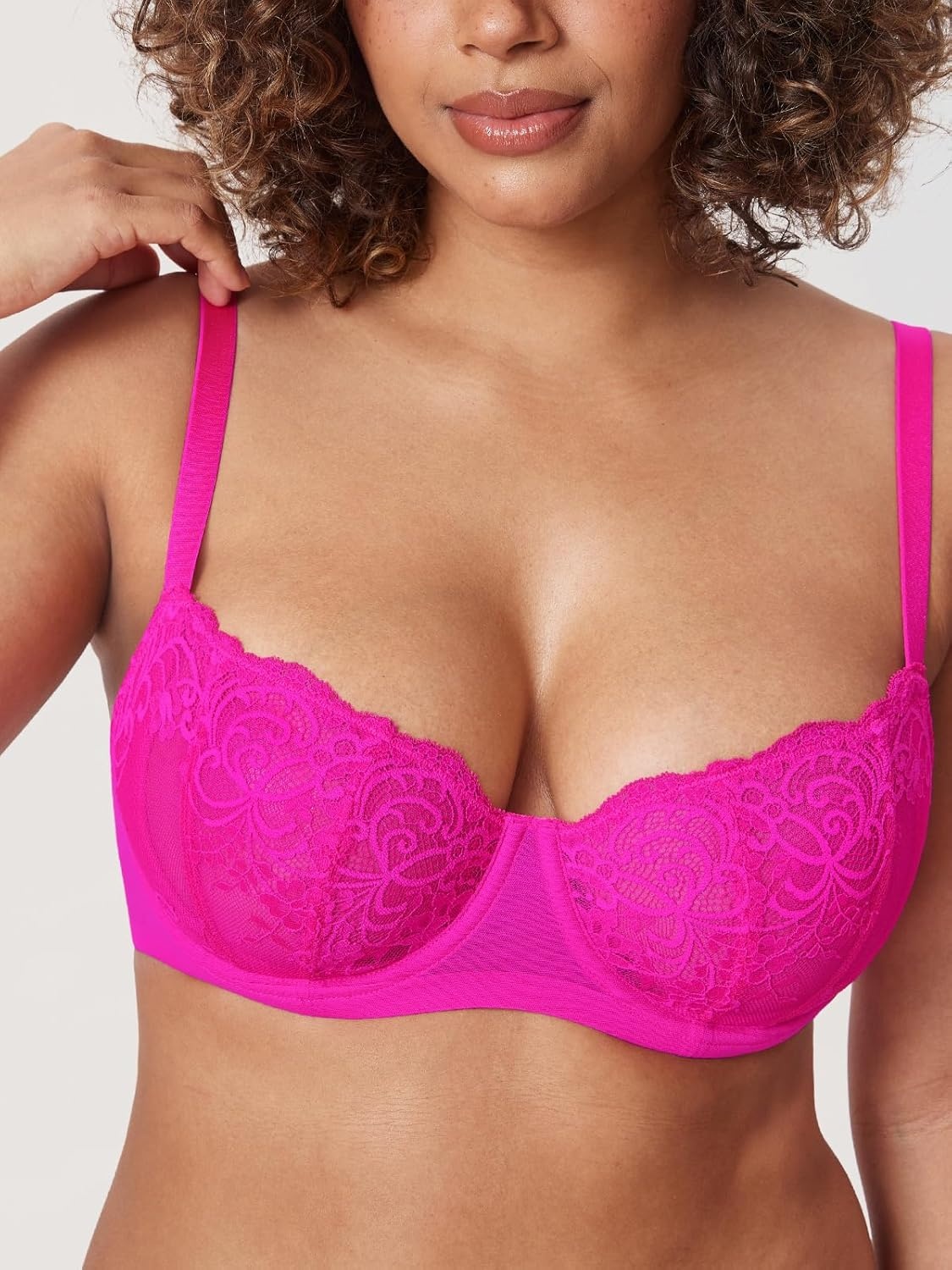 image:imageDELIMIRA Womens Balconette Lace Bra Plus Size Sexy See Through Unlined Underwire BrasGlitter Pink