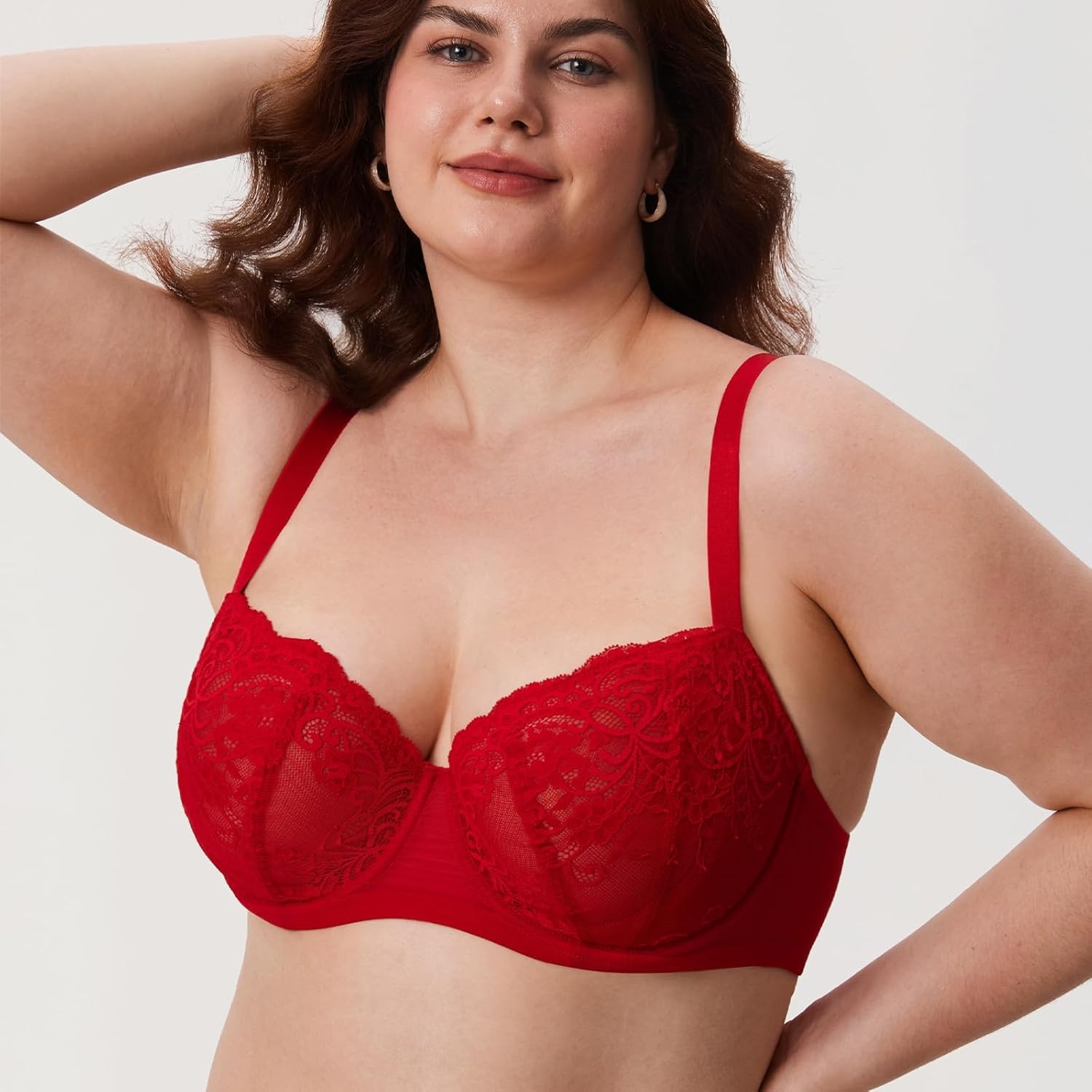 image:imageDELIMIRA Womens Balconette Lace Bra Plus Size Sexy See Through Unlined Underwire BrasLipstick Red