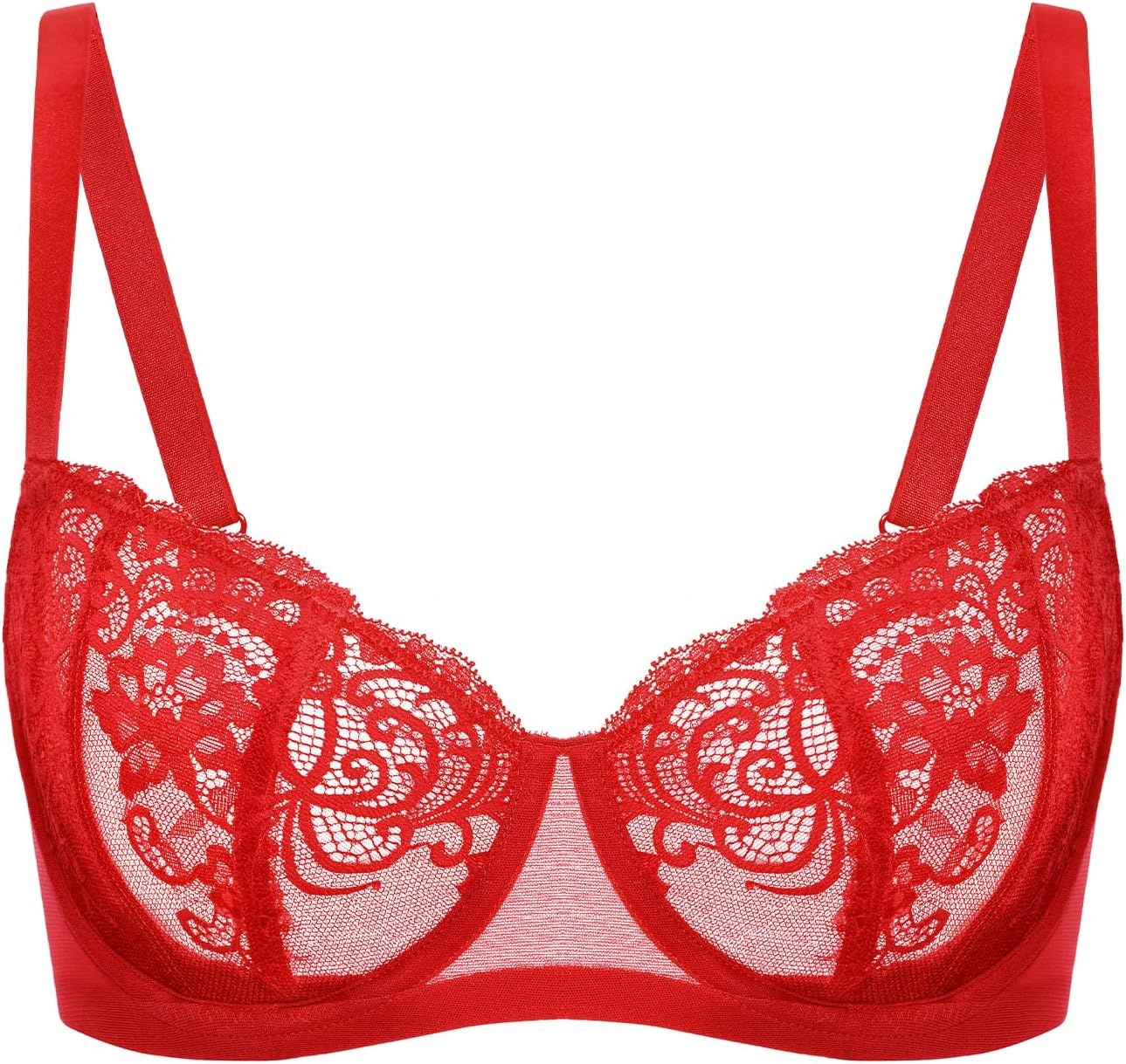 image:imageDELIMIRA Womens Balconette Lace Bra Plus Size Sexy See Through Unlined Underwire BrasLipstick Red