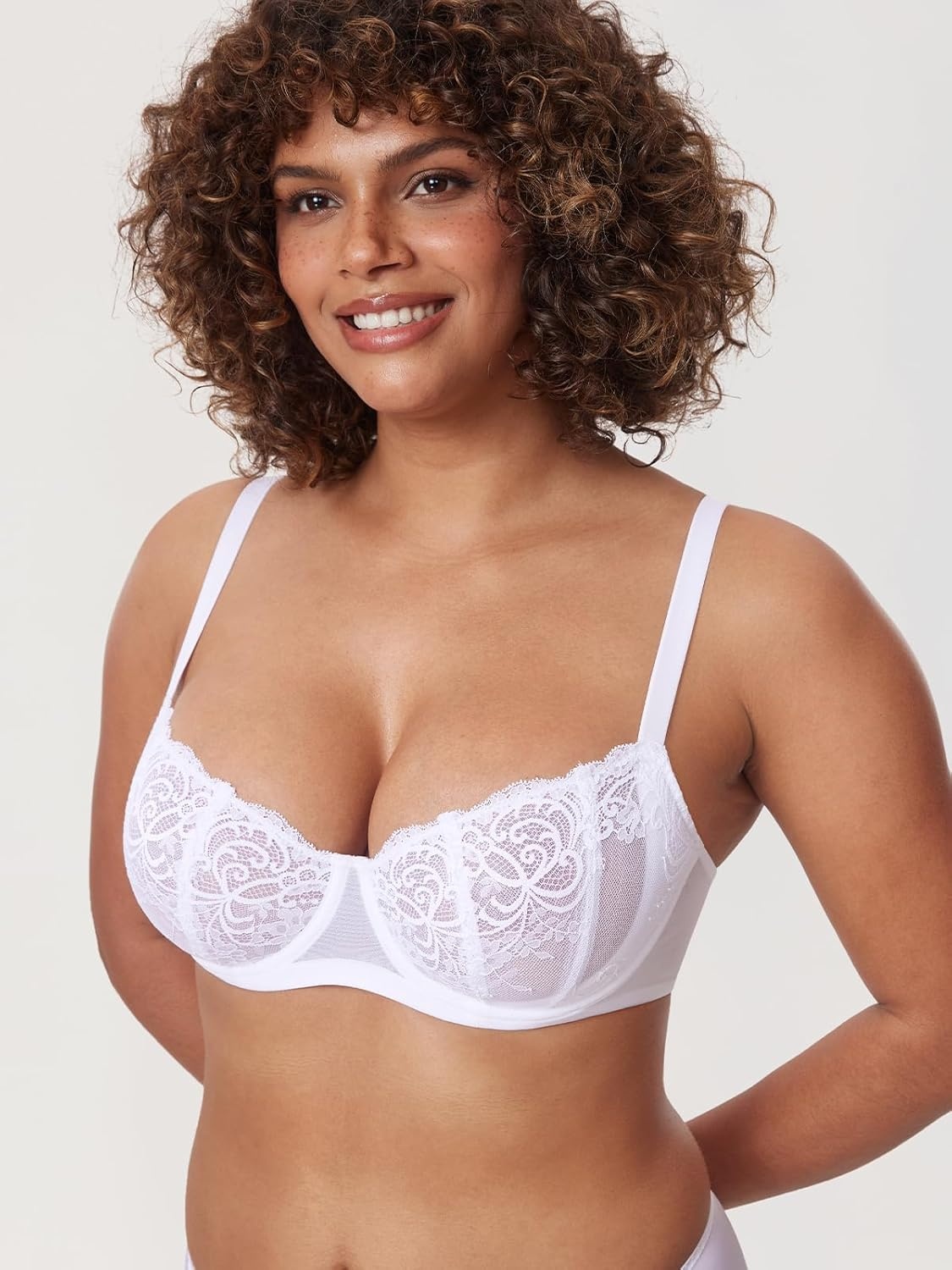 image:imageDELIMIRA Womens Balconette Lace Bra Plus Size Sexy See Through Unlined Underwire BrasWhite
