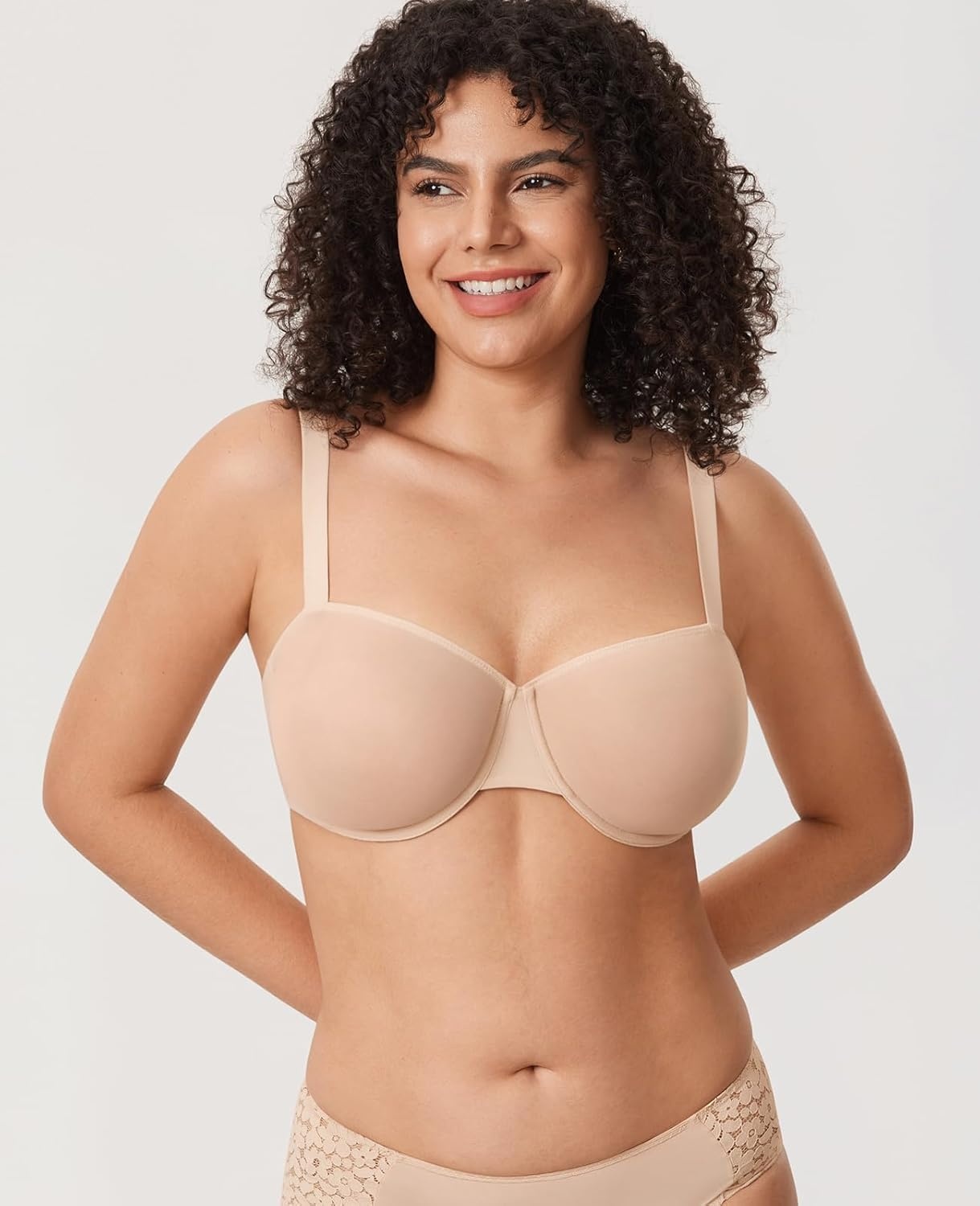 image:imageDELIMIRA Womens Cosnufy Balconette Bra Sheer Mesh Plus Size See Through Underwire Unlined BrasBeige