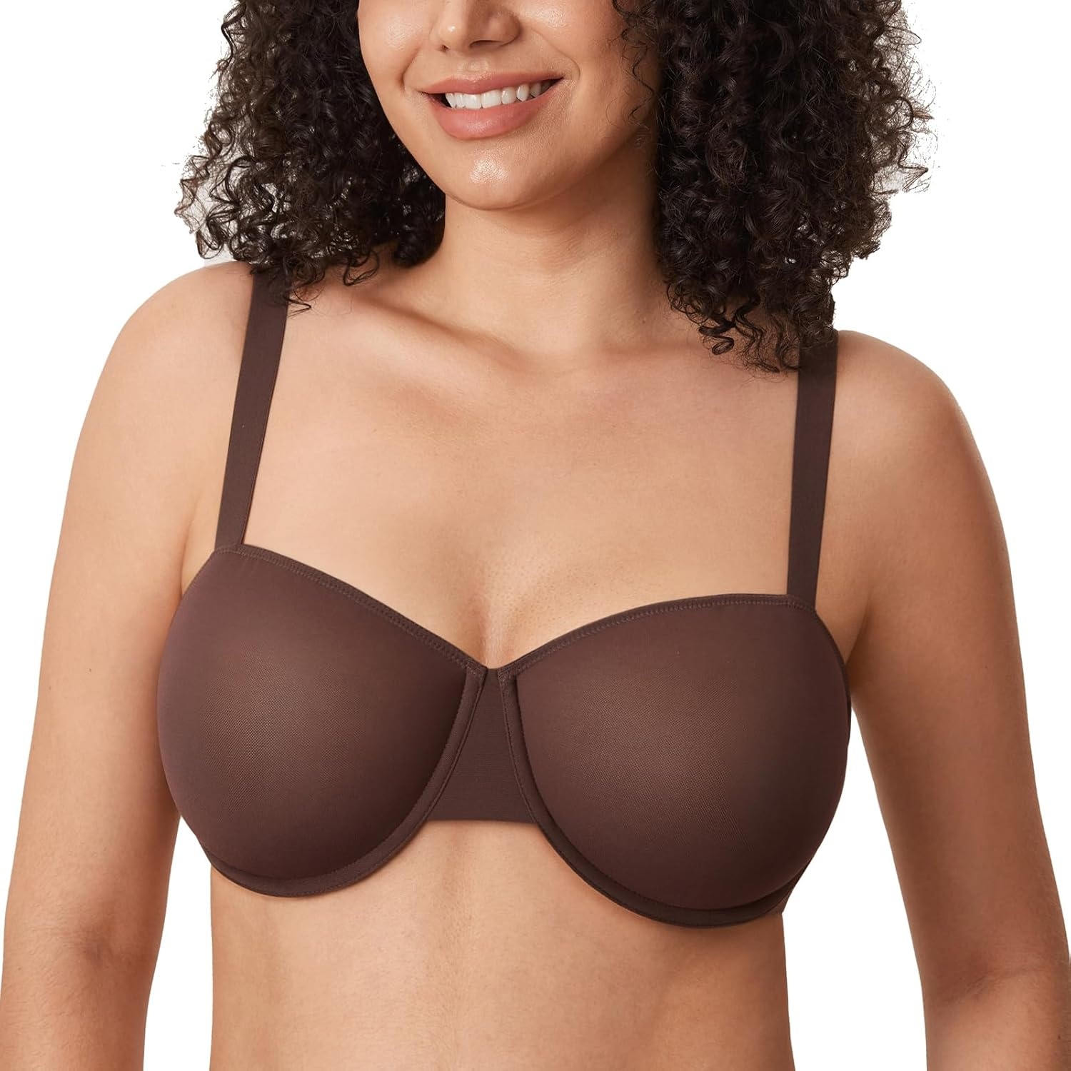 image:imageDELIMIRA Womens Cosnufy Balconette Bra Sheer Mesh Plus Size See Through Underwire Unlined BrasHazelnut