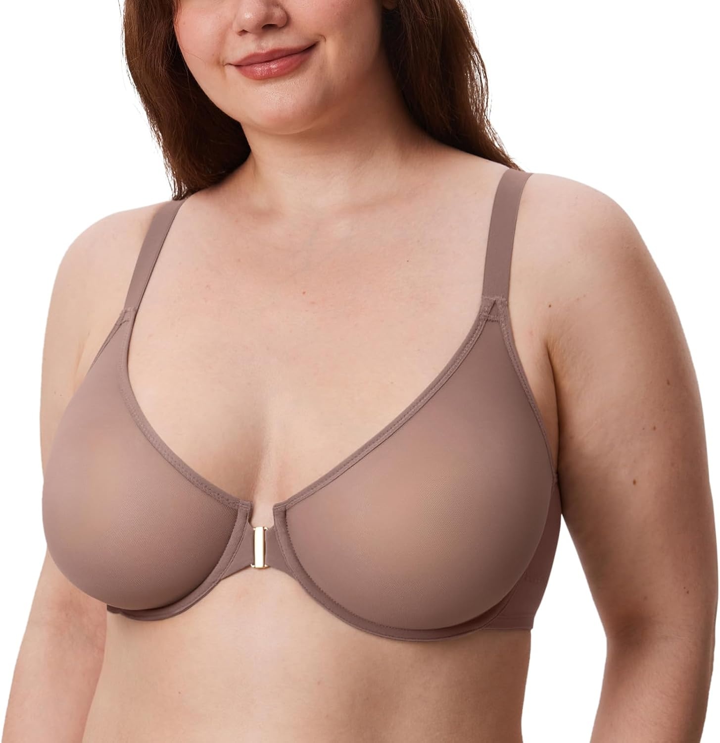 image:imageDELIMIRA Womens Cosnufy Posture Front Closure Bras Sheer Mesh Plus Size Underwire Unlined BraBrown Purple