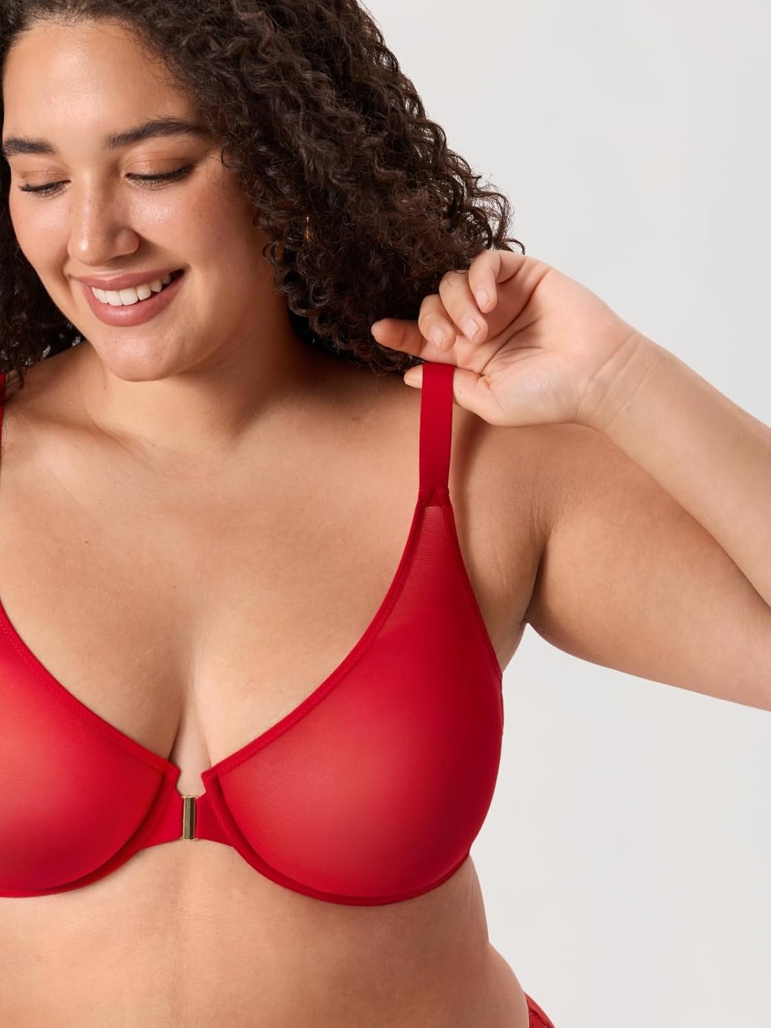 image:imageDELIMIRA Womens Cosnufy Posture Front Closure Bras Sheer Mesh Plus Size Underwire Unlined BraLipstick Red