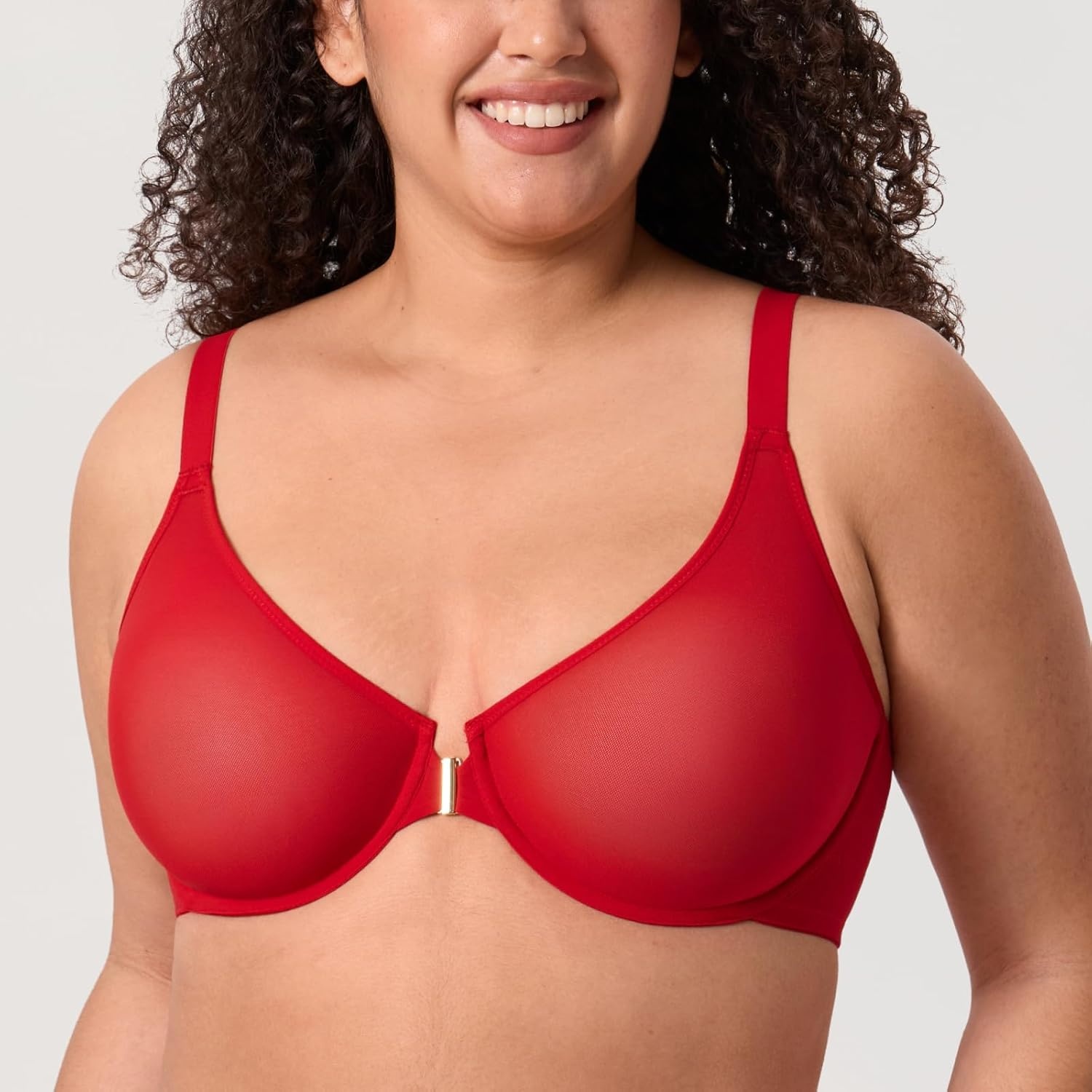 image:imageDELIMIRA Womens Cosnufy Posture Front Closure Bras Sheer Mesh Plus Size Underwire Unlined BraLipstick Red