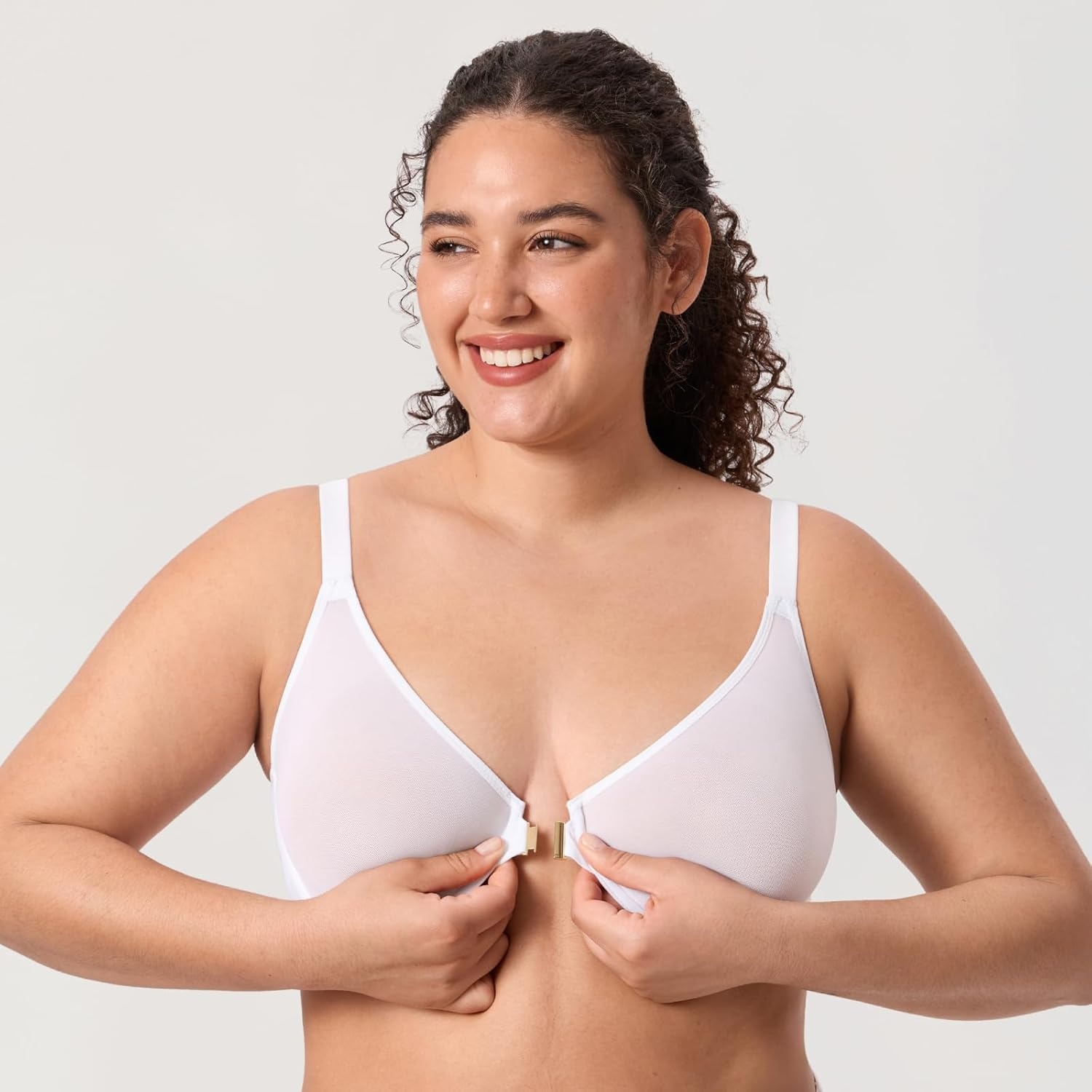 image:imageDELIMIRA Womens Cosnufy Posture Front Closure Bras Sheer Mesh Plus Size Underwire Unlined BraSnow White