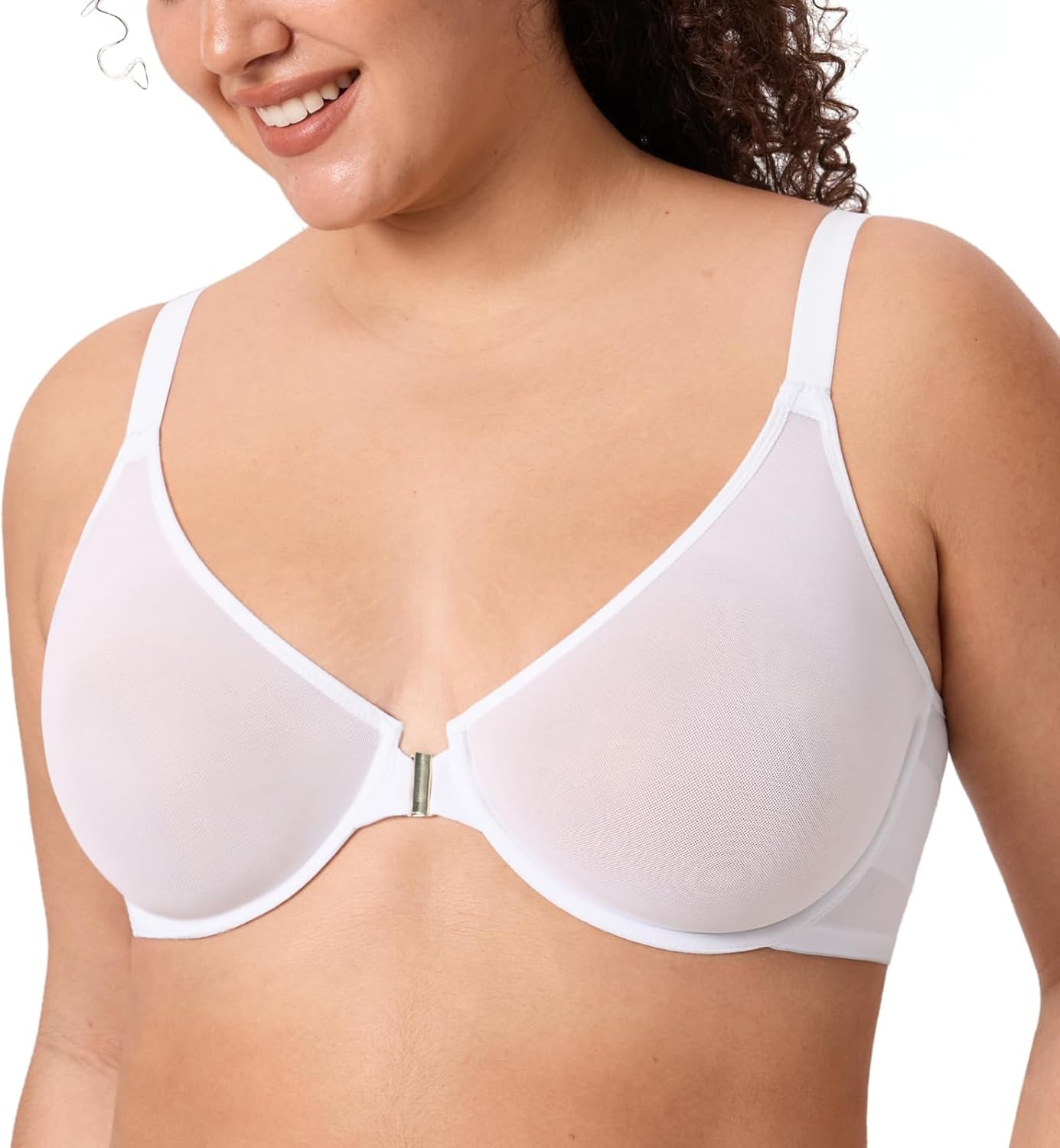 image:imageDELIMIRA Womens Cosnufy Posture Front Closure Bras Sheer Mesh Plus Size Underwire Unlined BraSnow White