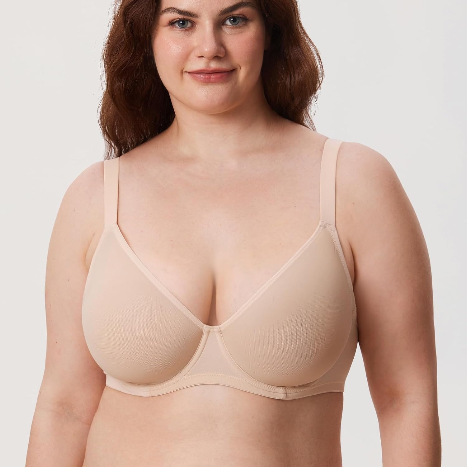 image:imageDELIMIRA Womens Cosnufy Sheer Mesh Bra Full Coverage Plus Size Plunge Unlined Underwire BrasBeige