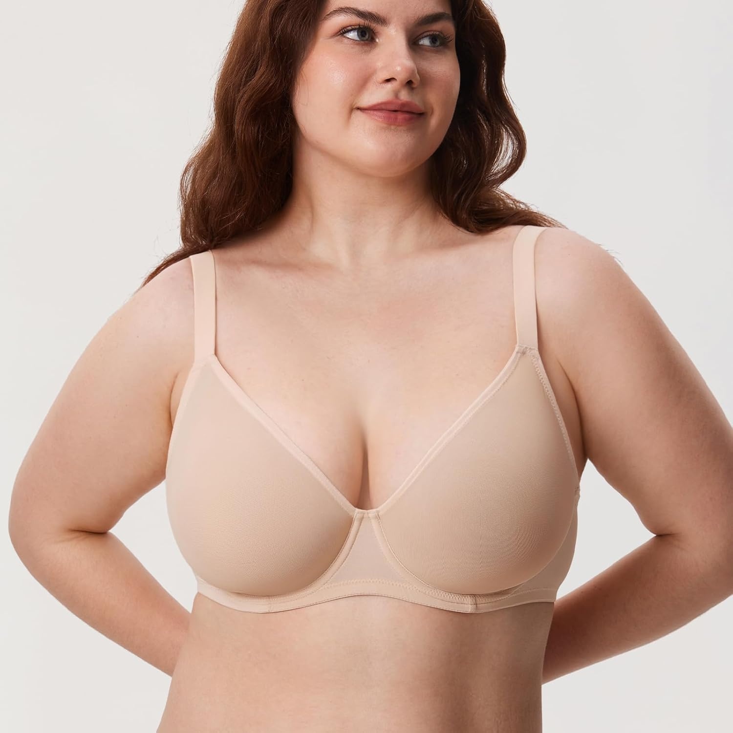 image:imageDELIMIRA Womens Cosnufy Sheer Mesh Bra Full Coverage Plus Size Plunge Unlined Underwire BrasBeige