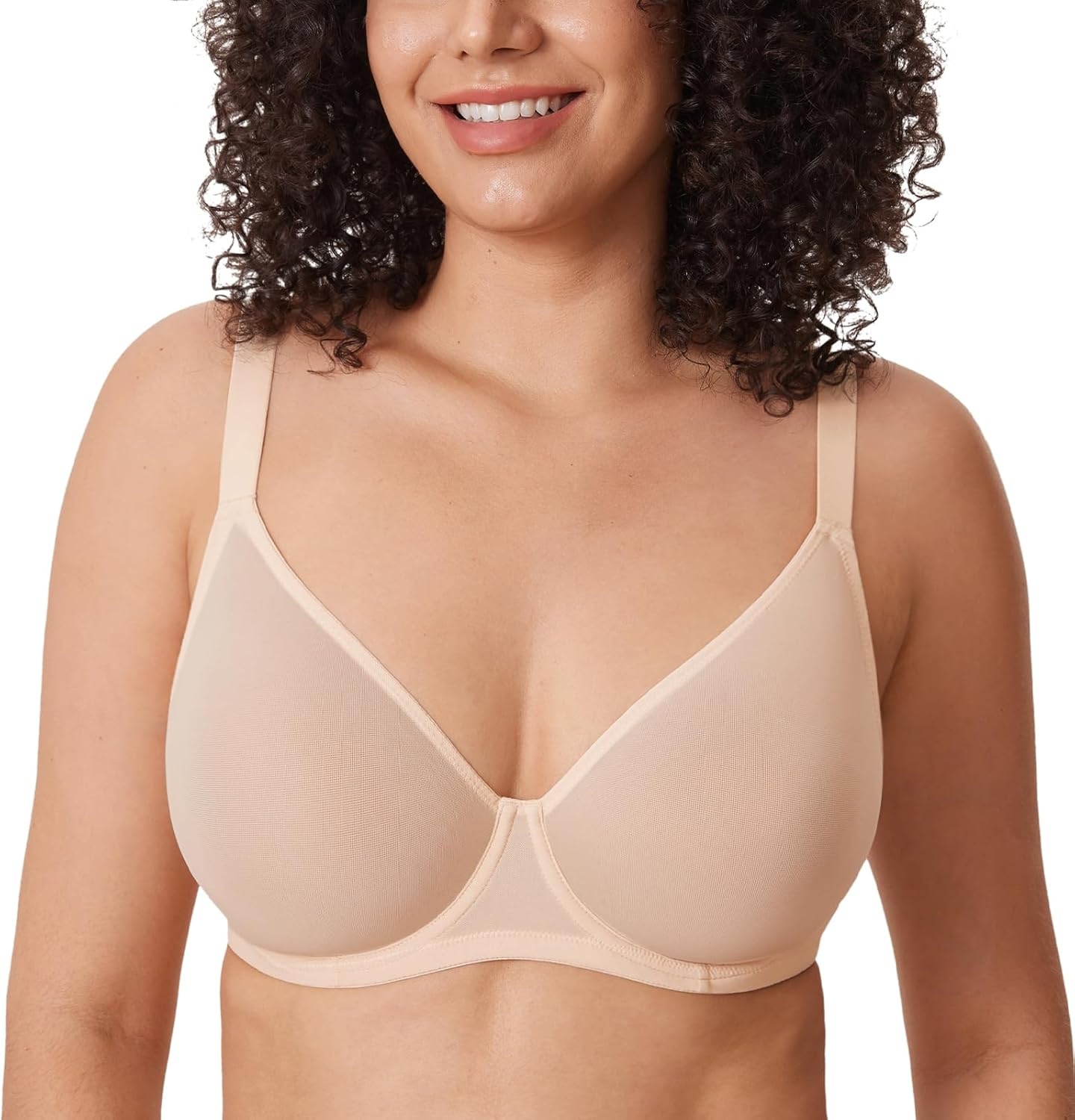 image:imageDELIMIRA Womens Cosnufy Sheer Mesh Bra Full Coverage Plus Size Plunge Unlined Underwire BrasBeige