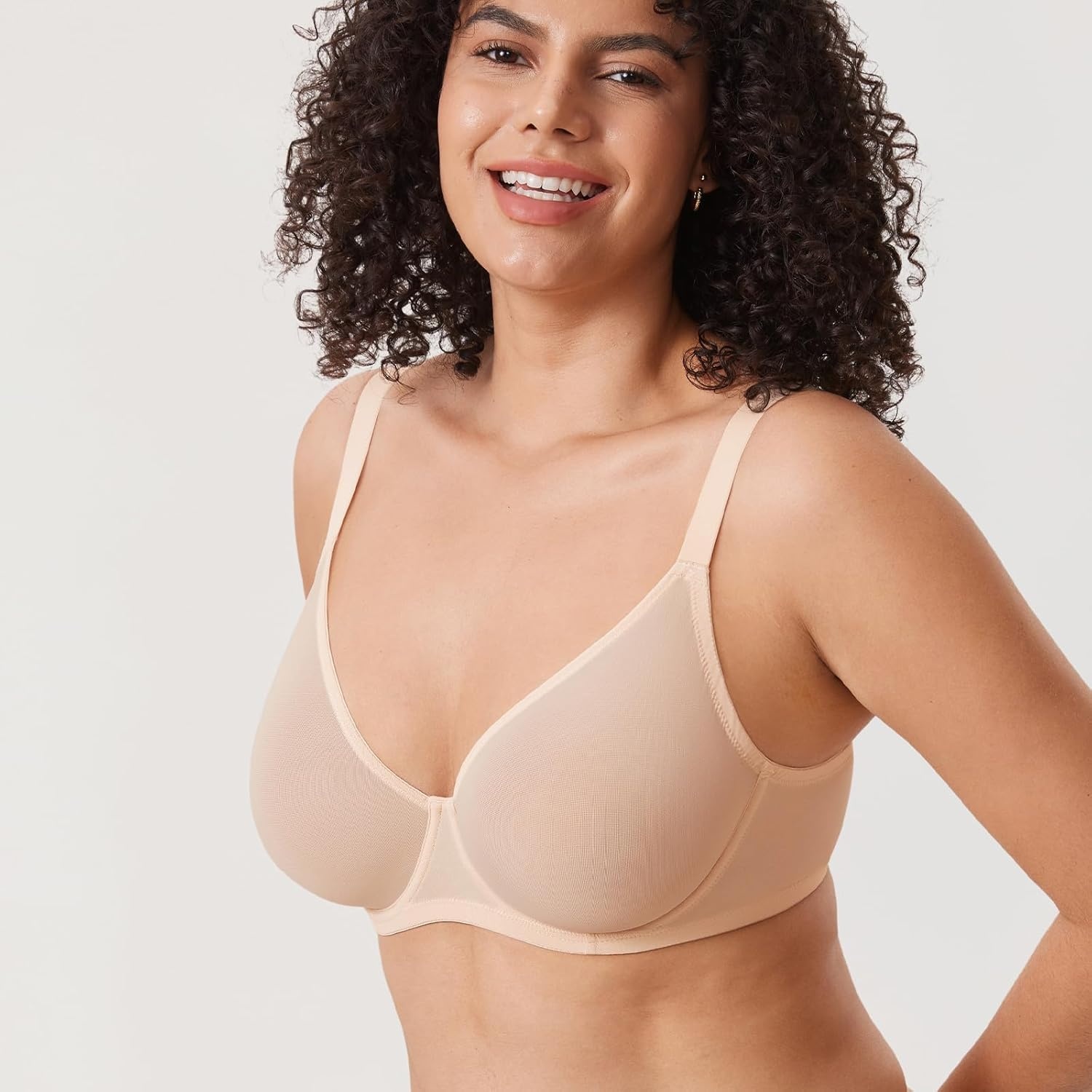image:imageDELIMIRA Womens Cosnufy Sheer Mesh Bra Full Coverage Plus Size Plunge Unlined Underwire BrasBeige