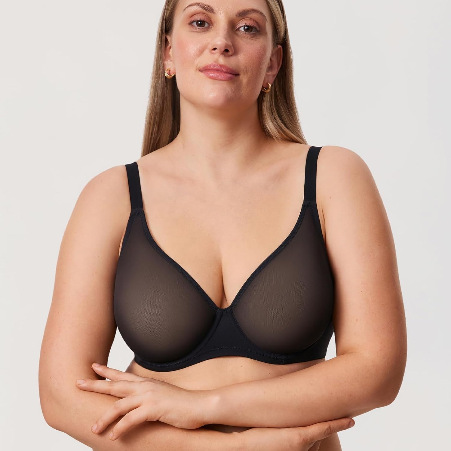 image:imageDELIMIRA Womens Cosnufy Sheer Mesh Bra Full Coverage Plus Size Plunge Unlined Underwire BrasBlack