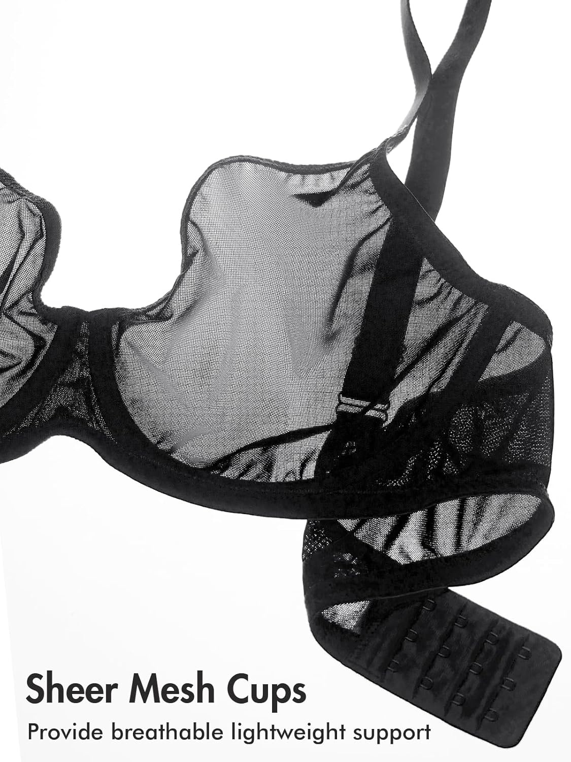 image:imageDELIMIRA Womens Cosnufy Sheer Mesh Bra Full Coverage Plus Size Plunge Unlined Underwire BrasBlack