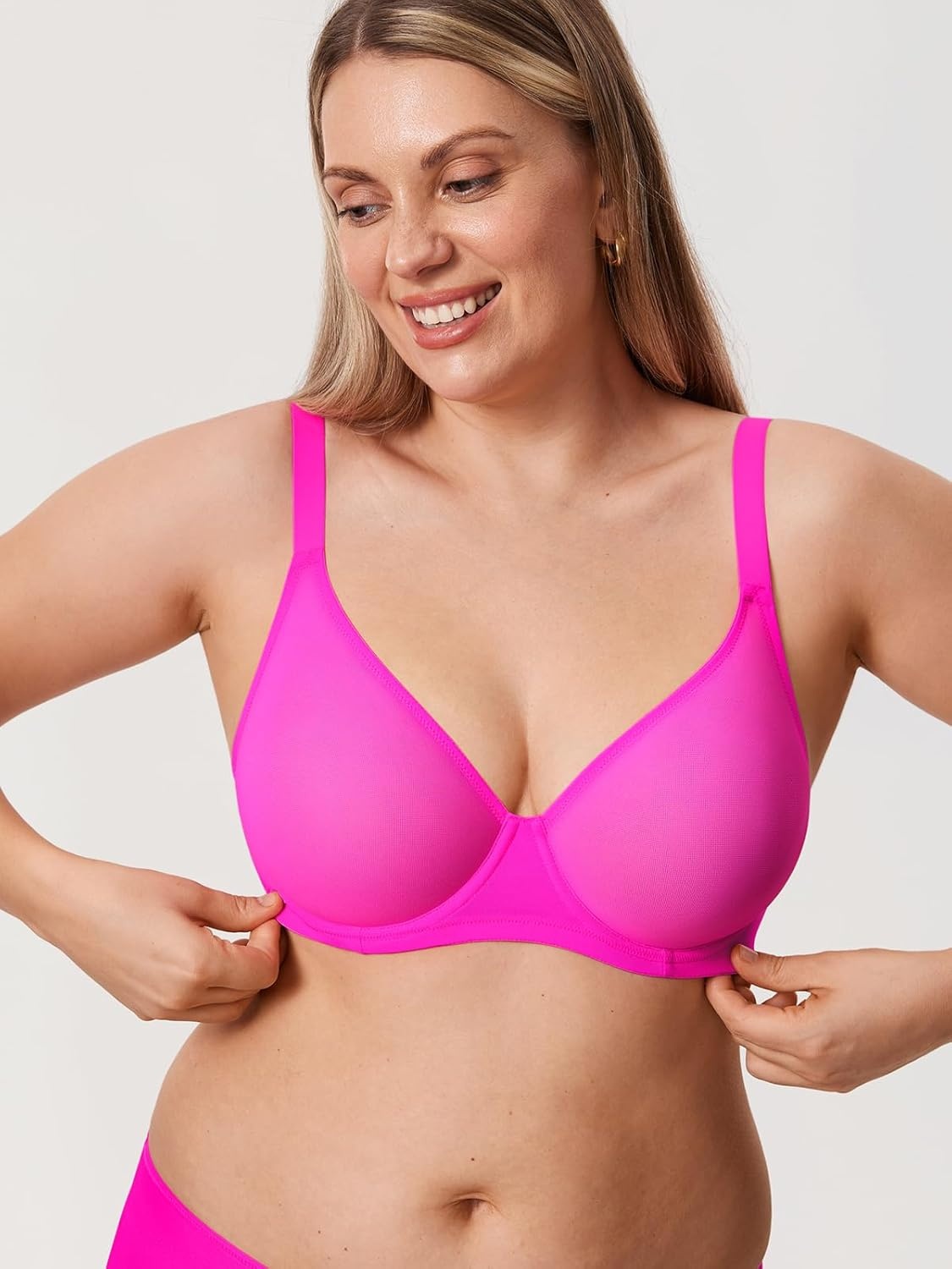 image:imageDELIMIRA Womens Cosnufy Sheer Mesh Bra Full Coverage Plus Size Plunge Unlined Underwire BrasGlitter Rose