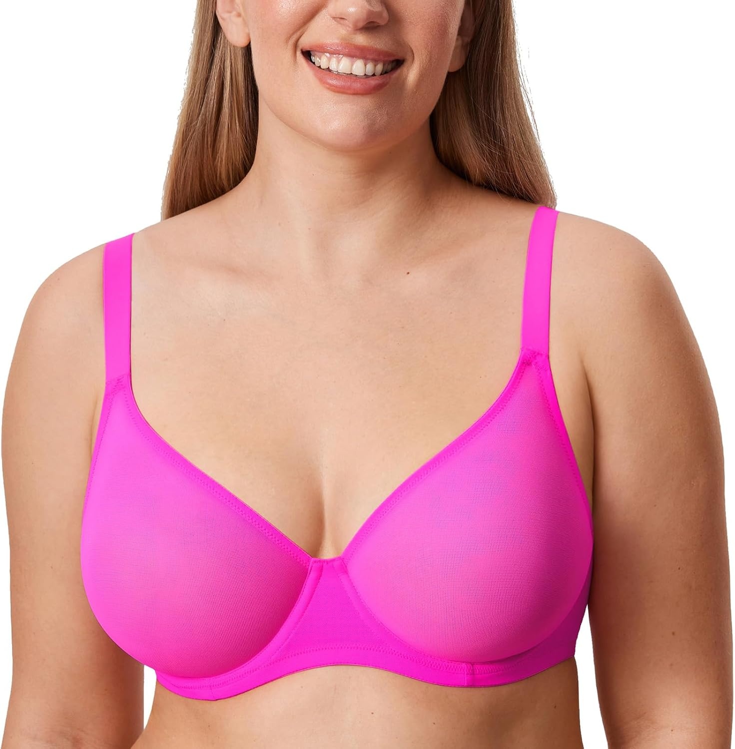 image:imageDELIMIRA Womens Cosnufy Sheer Mesh Bra Full Coverage Plus Size Plunge Unlined Underwire BrasGlitter Rose