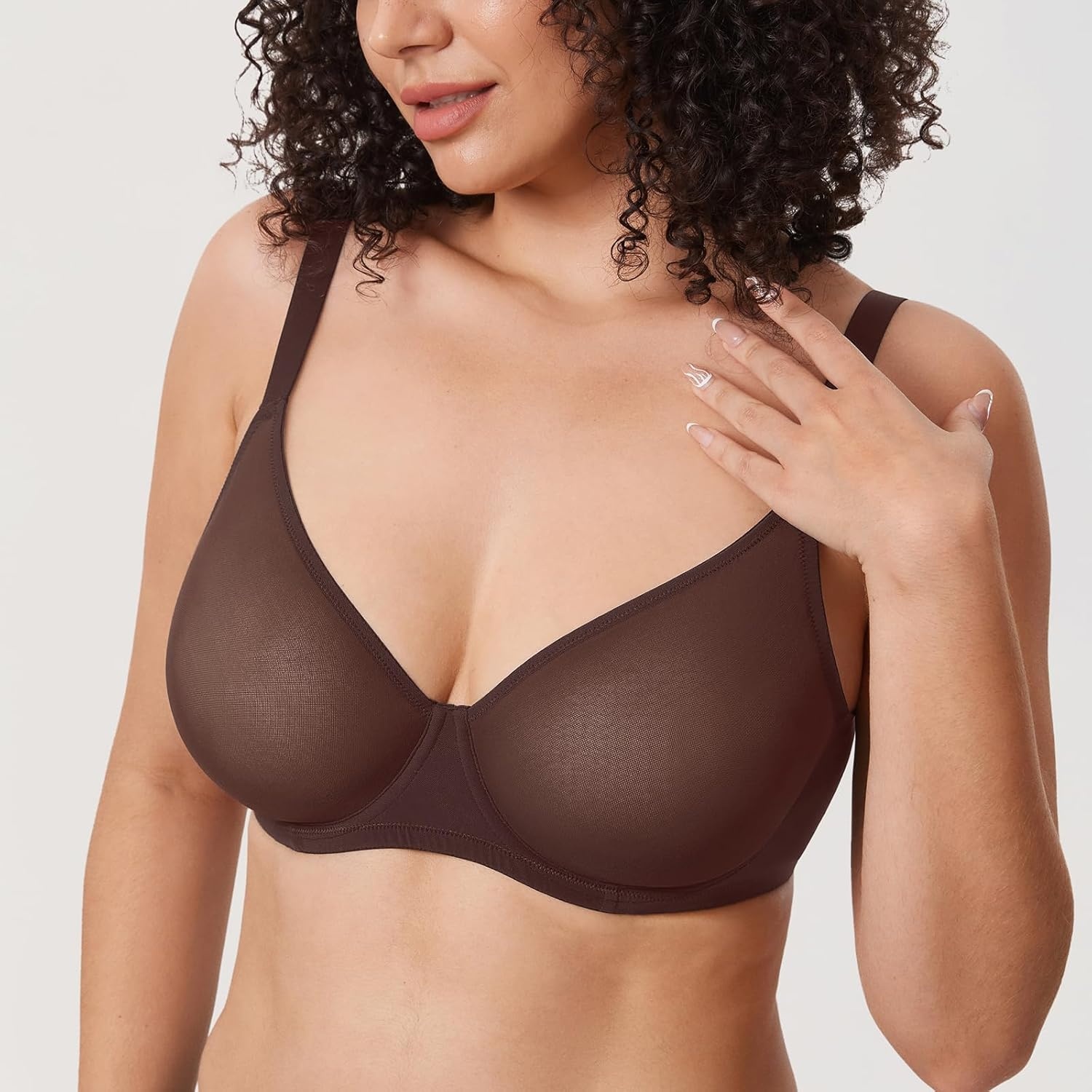 image:imageDELIMIRA Womens Cosnufy Sheer Mesh Bra Full Coverage Plus Size Plunge Unlined Underwire BrasHazelnut