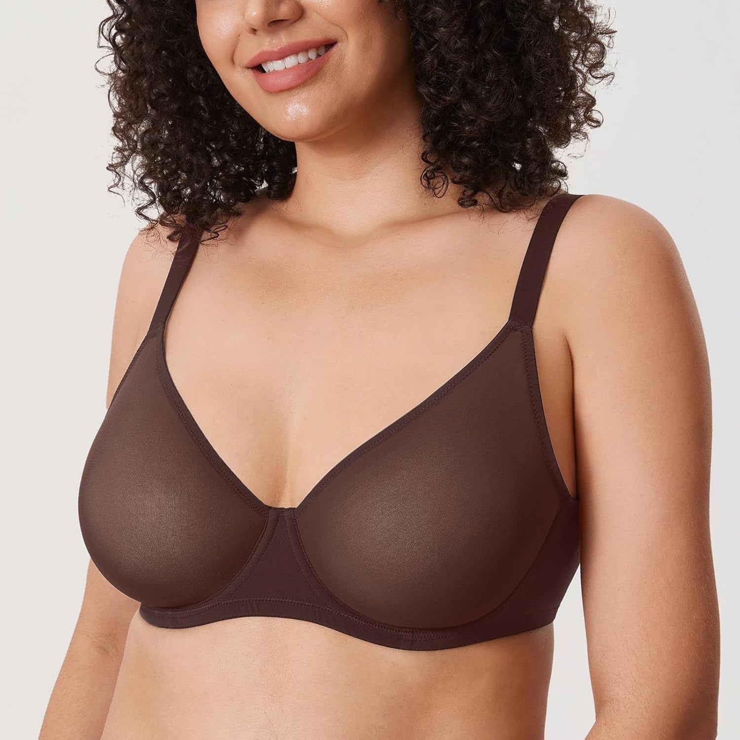 image:imageDELIMIRA Womens Cosnufy Sheer Mesh Bra Full Coverage Plus Size Plunge Unlined Underwire BrasHazelnut