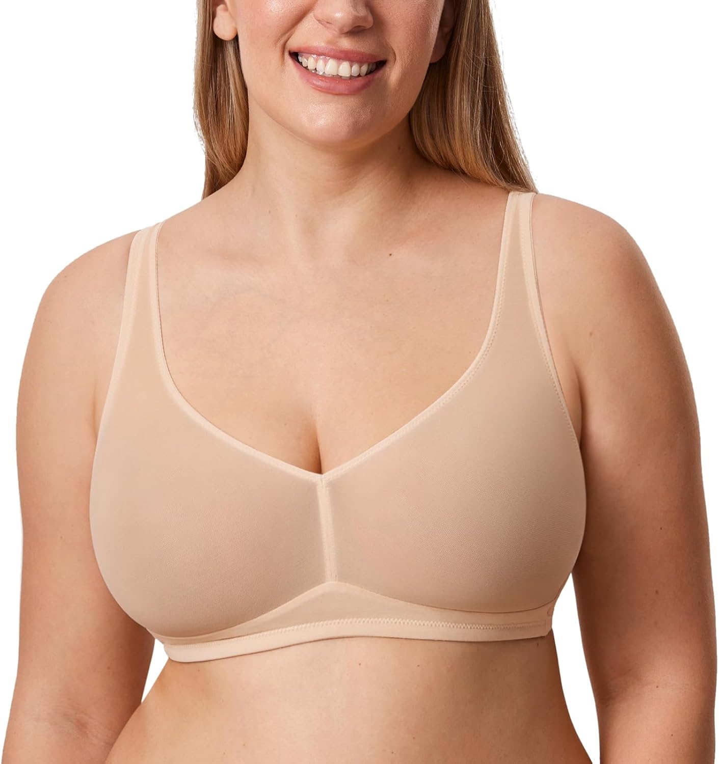 image:imageDELIMIRA Womens Cosnufy Sheer Mesh Bra No Underwire Full Coverage Plus Size Unlined BrasBeige