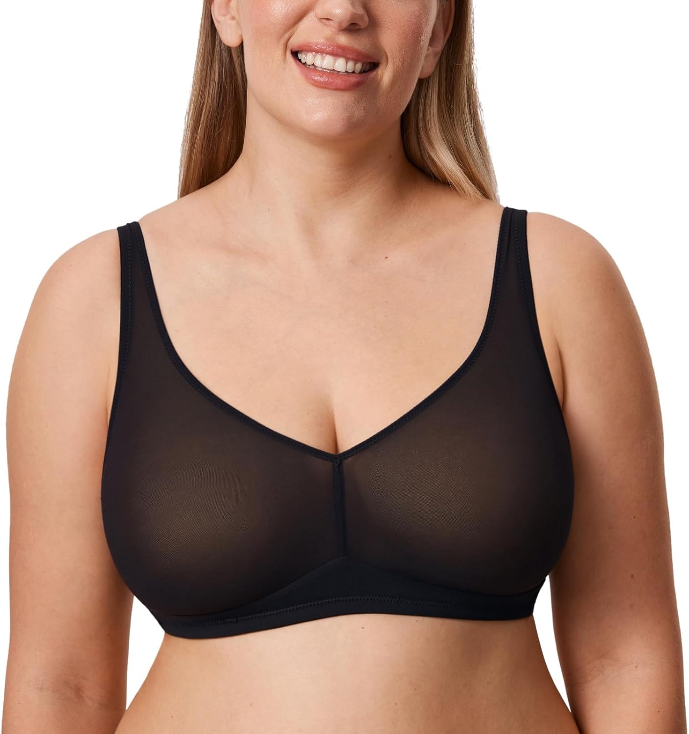 image:imageDELIMIRA Womens Cosnufy Sheer Mesh Bra No Underwire Full Coverage Plus Size Unlined BrasBlack