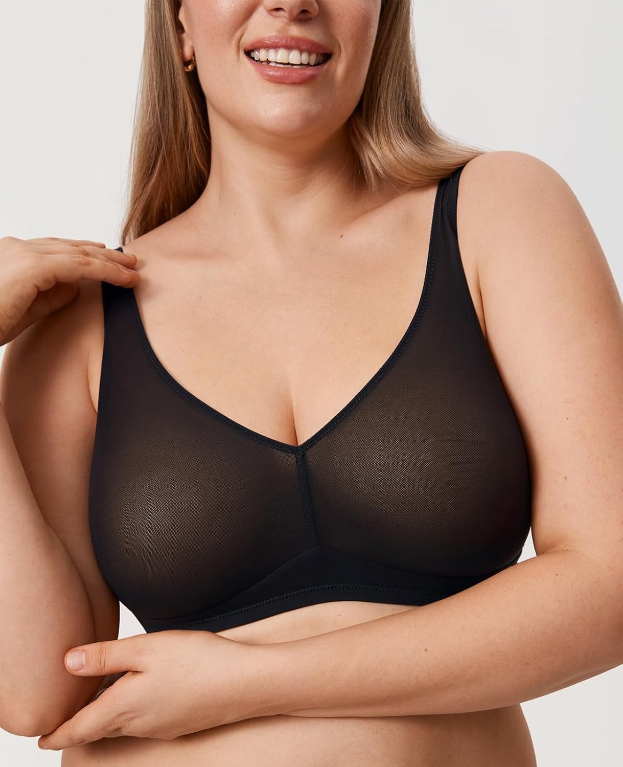 image:imageDELIMIRA Womens Cosnufy Sheer Mesh Bra No Underwire Full Coverage Plus Size Unlined BrasBlack