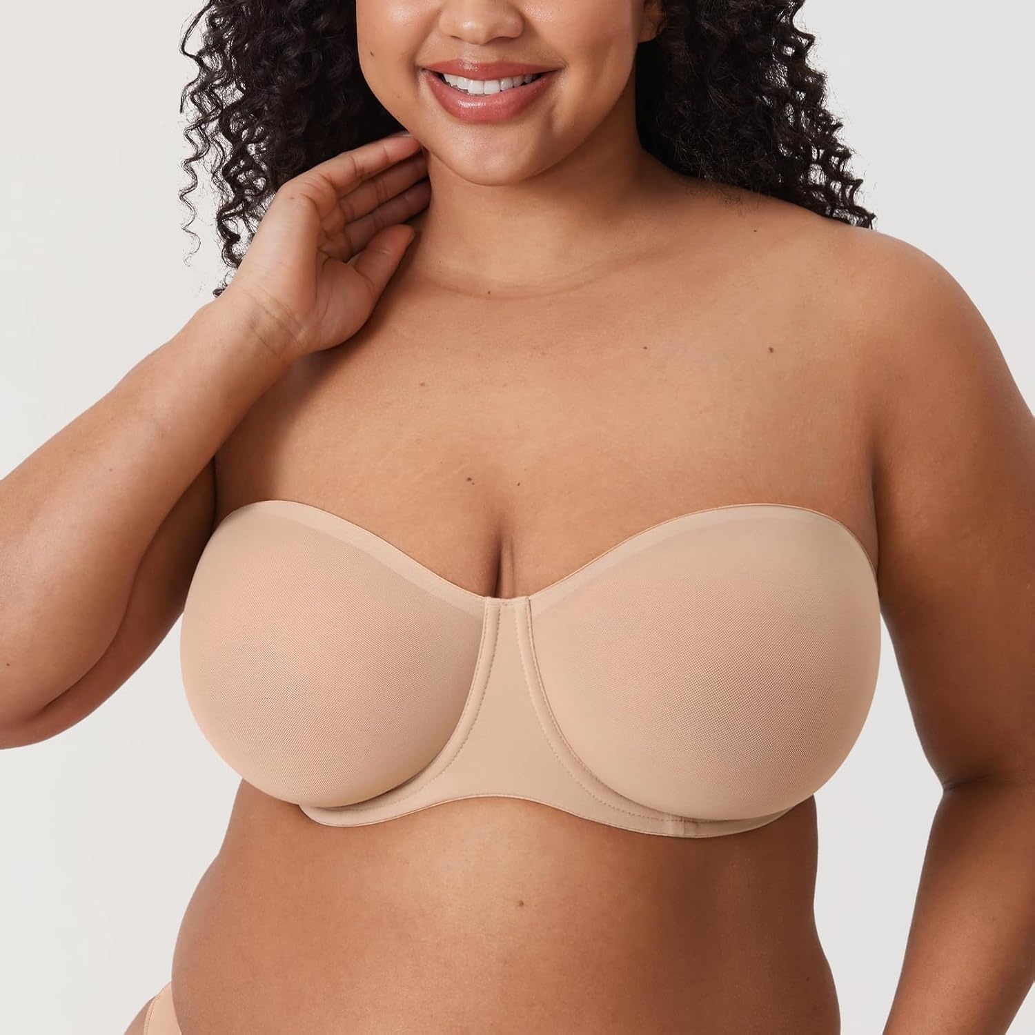 image:imageDELIMIRA Womens Cosnufy Strapless Bra Sheer Mesh Plus Size Unlined Underwire BrasBeige Size Up Cup Band
