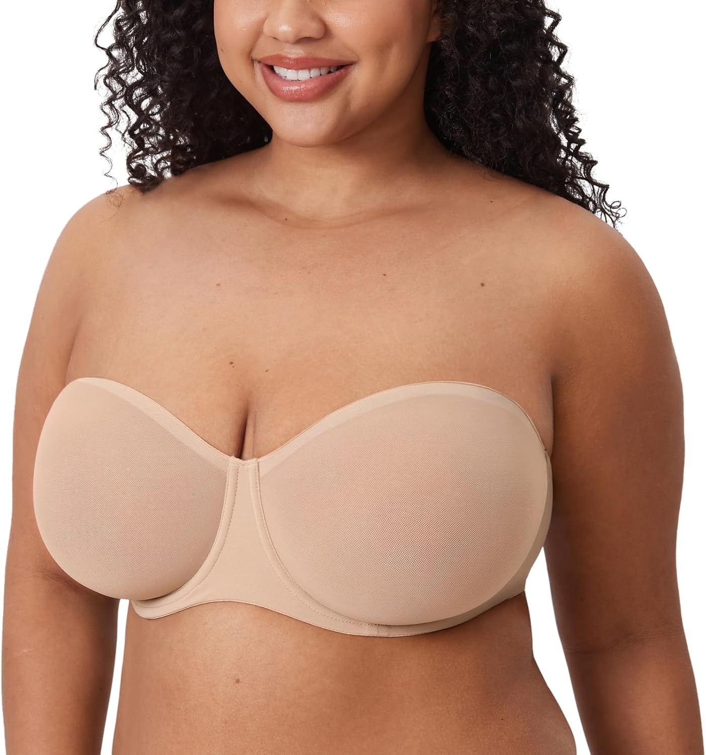 image:imageDELIMIRA Womens Cosnufy Strapless Bra Sheer Mesh Plus Size Unlined Underwire BrasBeige Size Up Cup Band