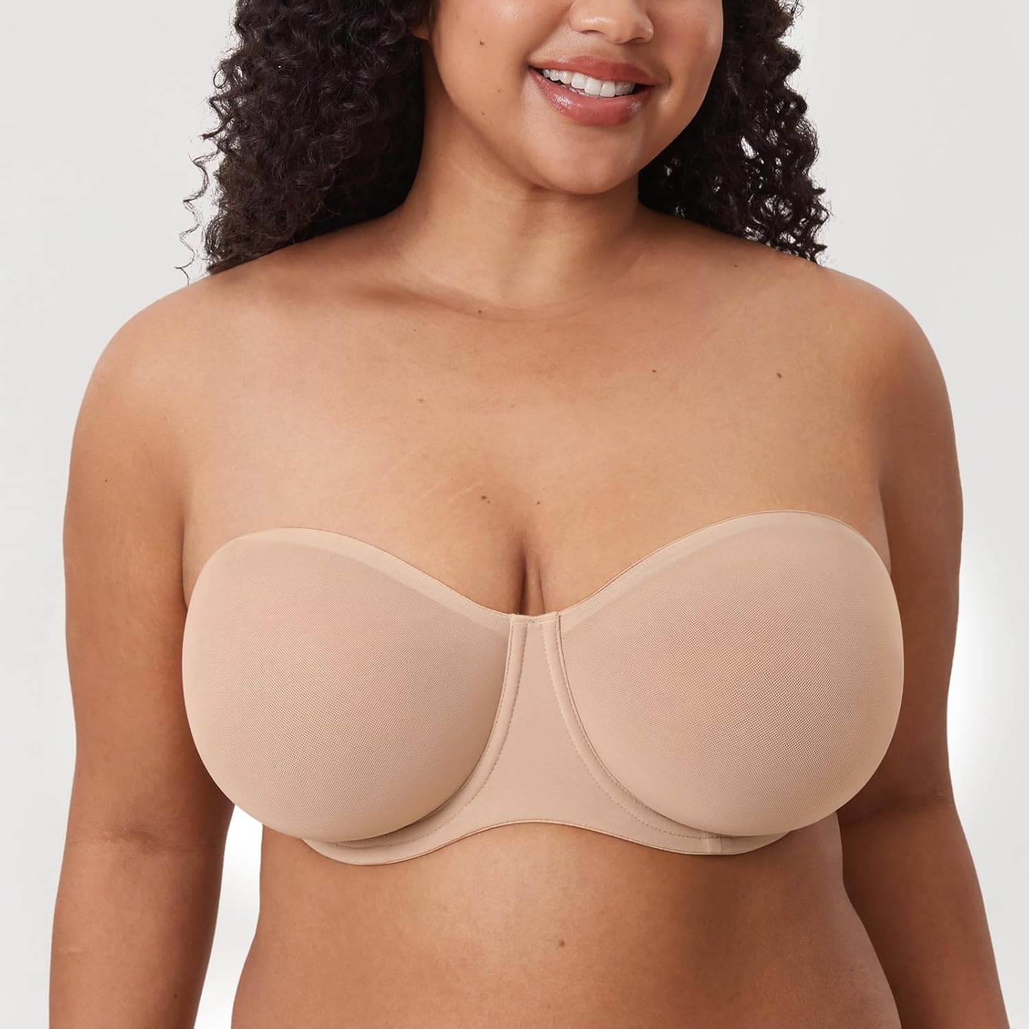 image:imageDELIMIRA Womens Cosnufy Strapless Bra Sheer Mesh Plus Size Unlined Underwire BrasBeige Size Up Cup Band