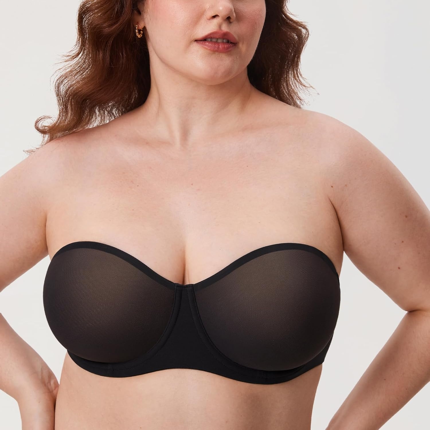image:imageDELIMIRA Womens Cosnufy Strapless Bra Sheer Mesh Plus Size Unlined Underwire BrasBlack Size Up Cup Band