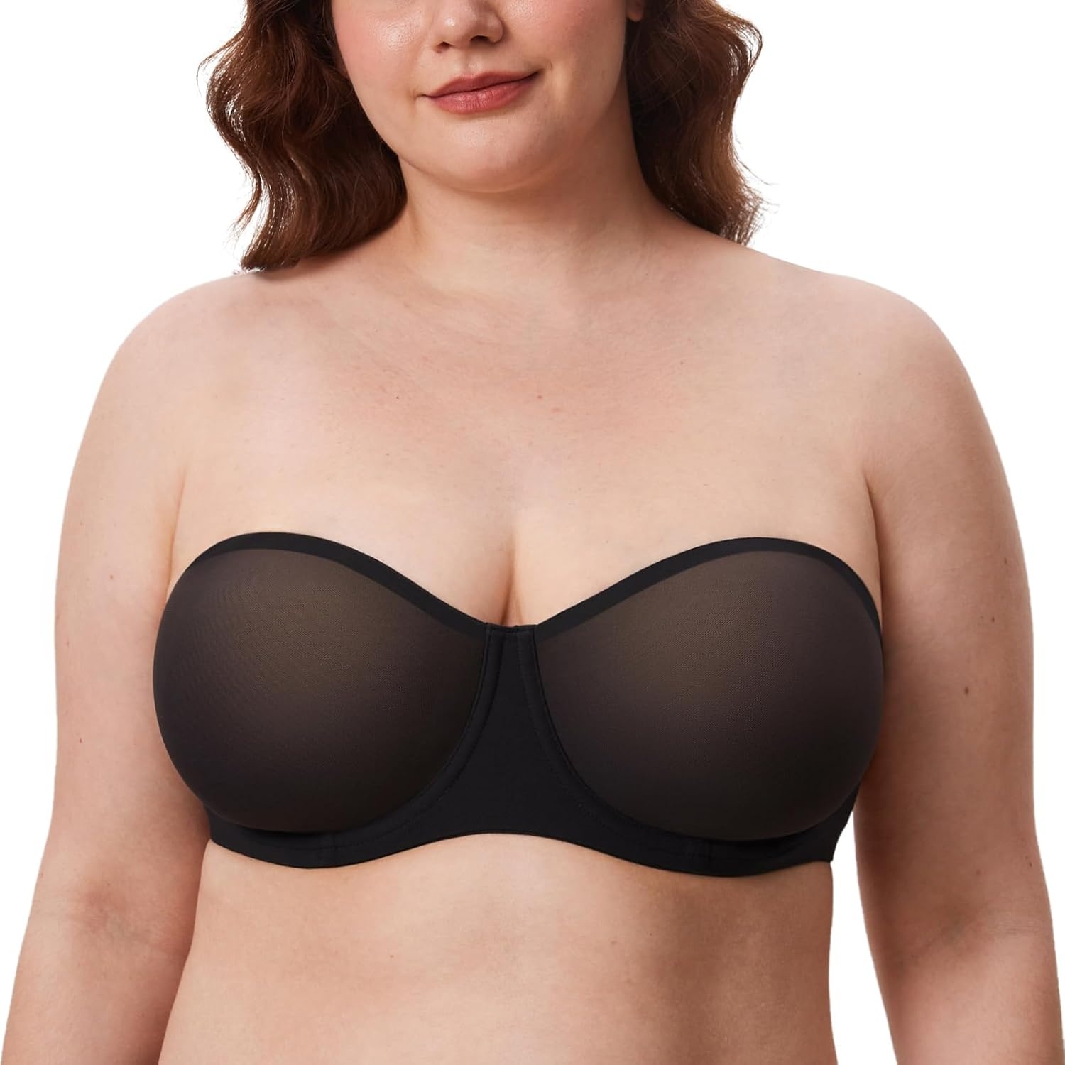 image:imageDELIMIRA Womens Cosnufy Strapless Bra Sheer Mesh Plus Size Unlined Underwire BrasBlack Size Up Cup Band