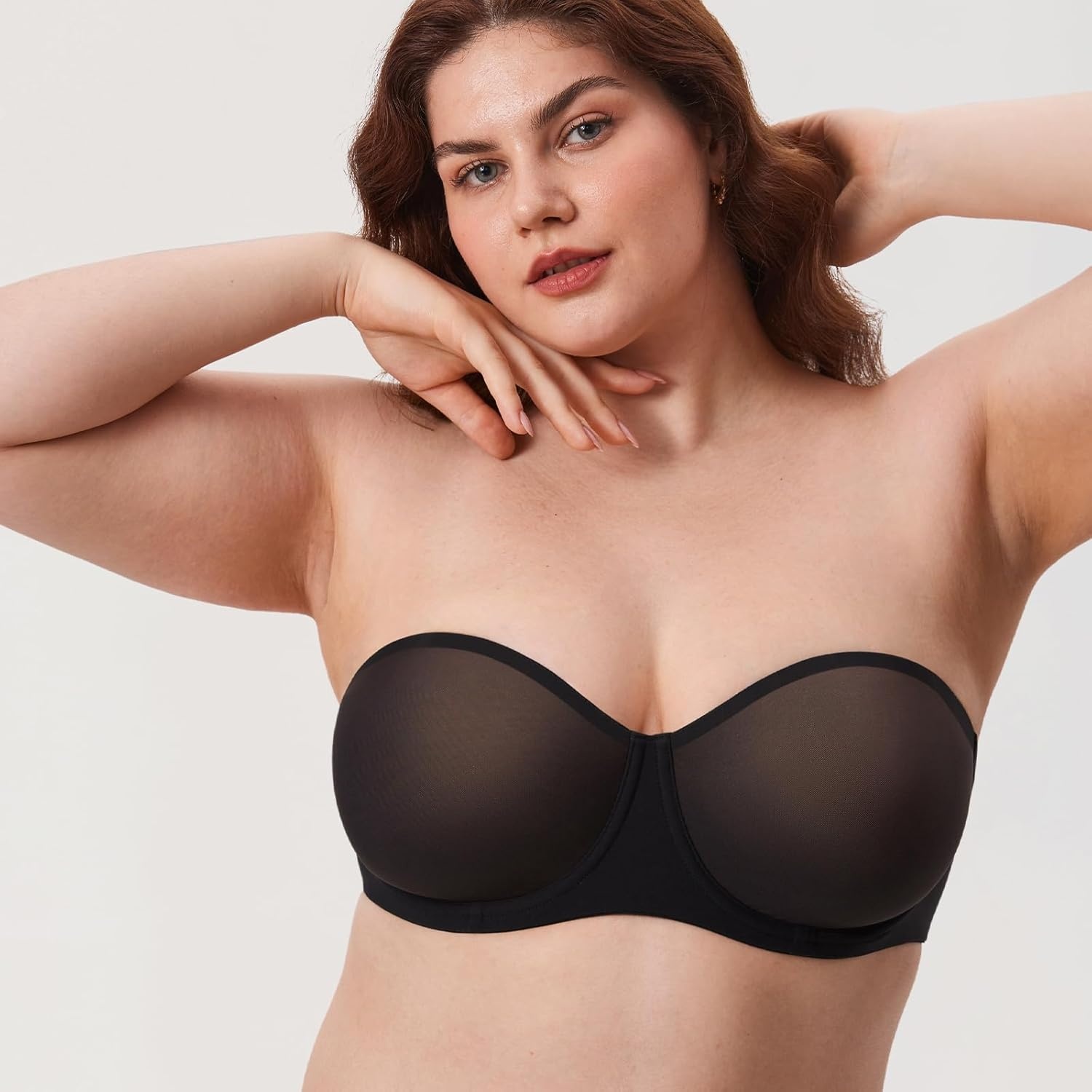 image:imageDELIMIRA Womens Cosnufy Strapless Bra Sheer Mesh Plus Size Unlined Underwire BrasBlack Size Up Cup Band