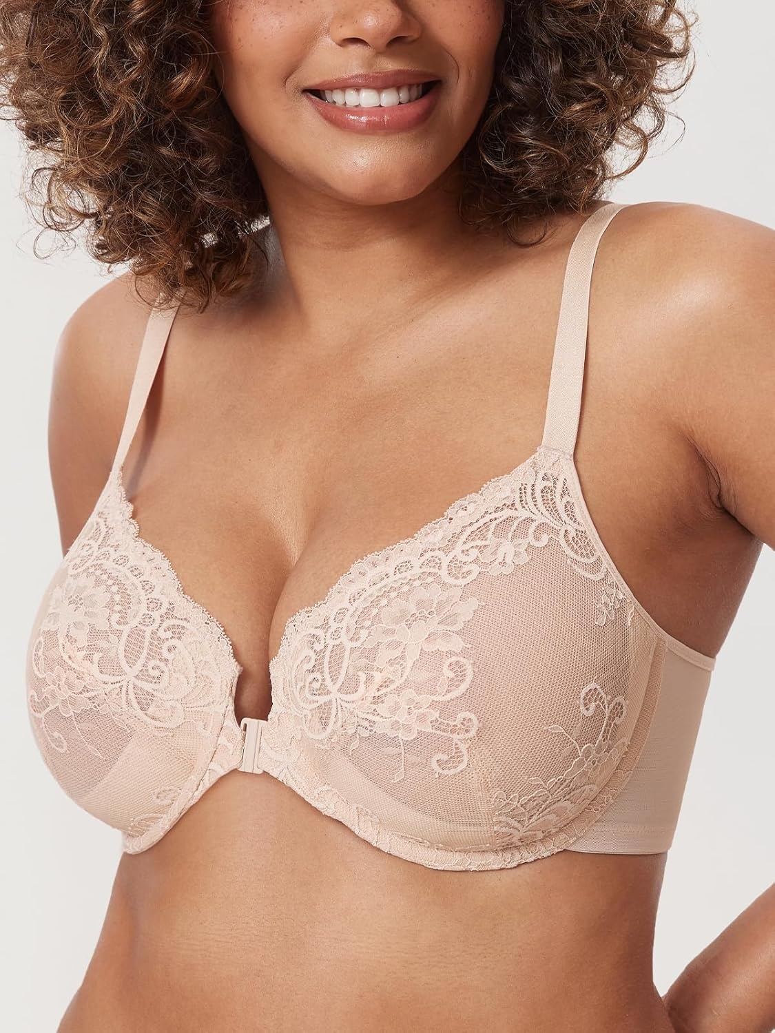 image:imageDELIMIRA Womens Front Closure Lace Underwire Sheer Bras Plus Size Full Coverage Sexy Plunge Unlined BraBeige