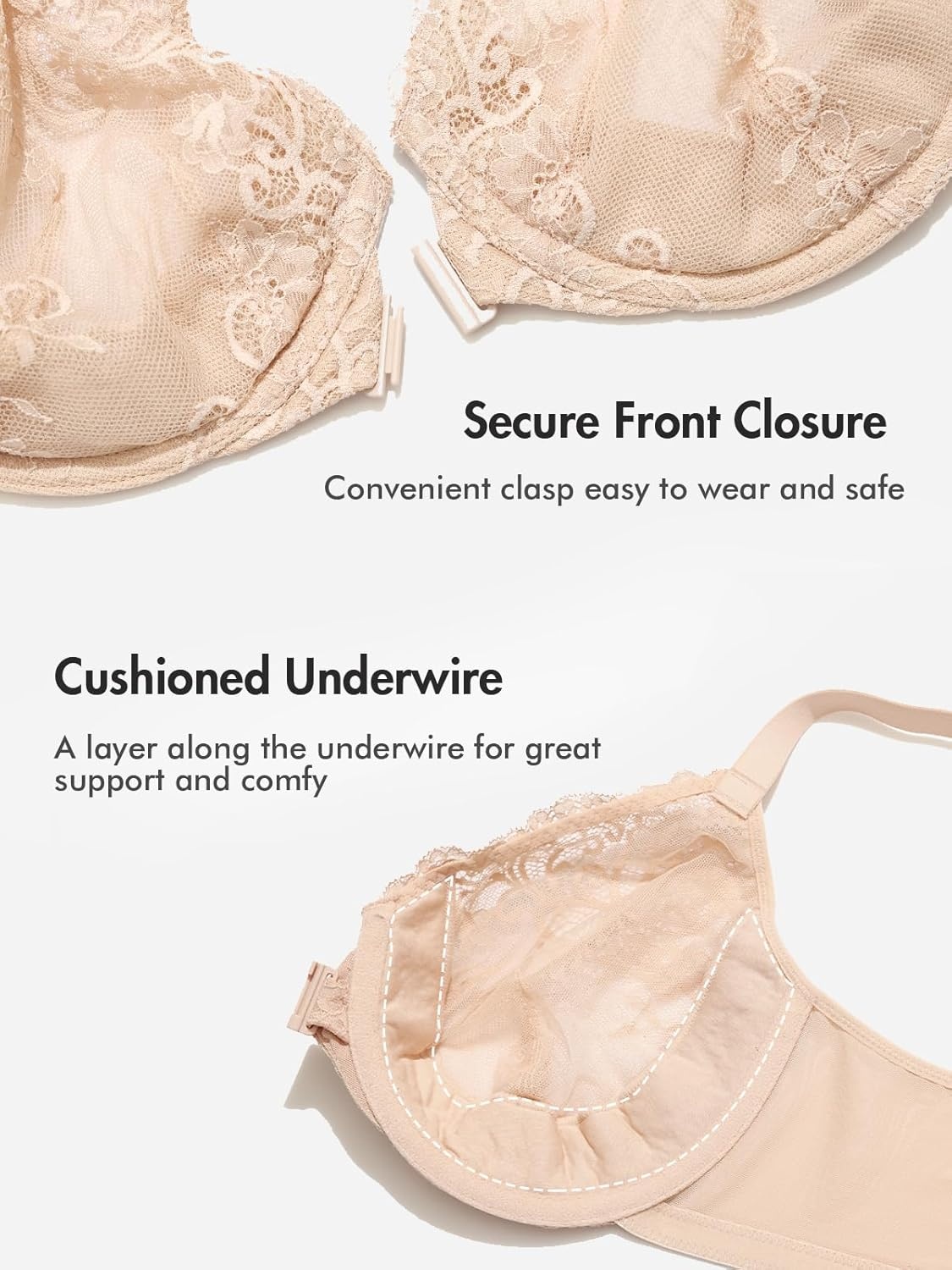 image:imageDELIMIRA Womens Front Closure Lace Underwire Sheer Bras Plus Size Full Coverage Sexy Plunge Unlined BraBeige