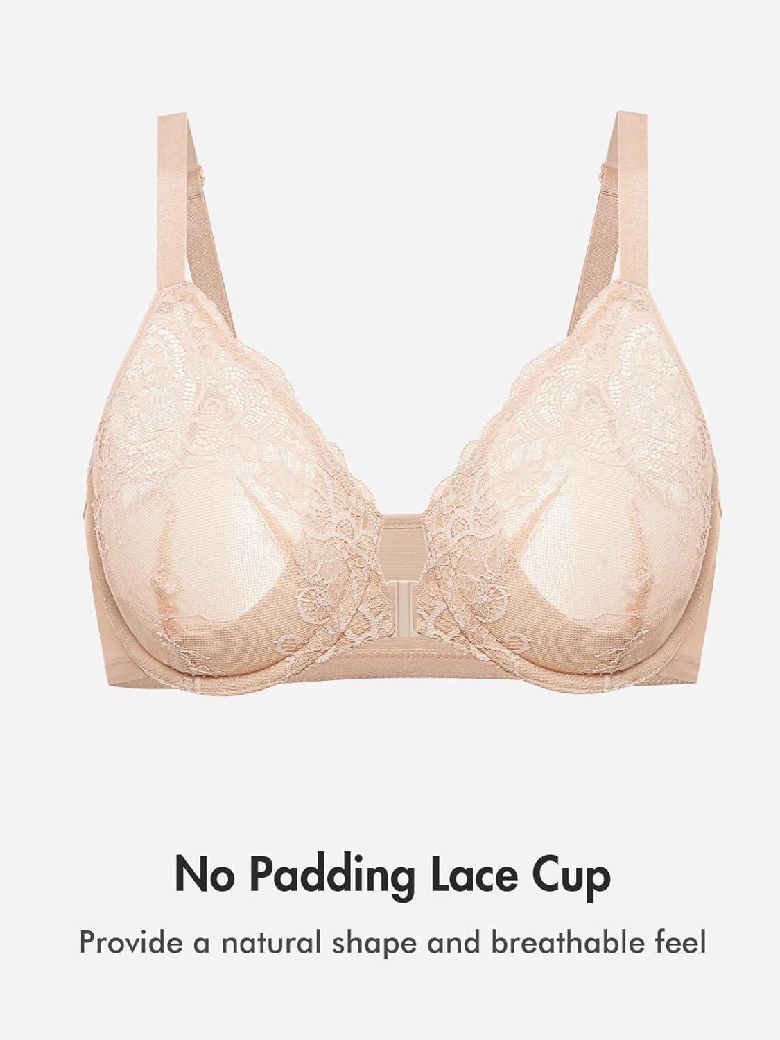 image:imageDELIMIRA Womens Front Closure Lace Underwire Sheer Bras Plus Size Full Coverage Sexy Plunge Unlined BraBeige
