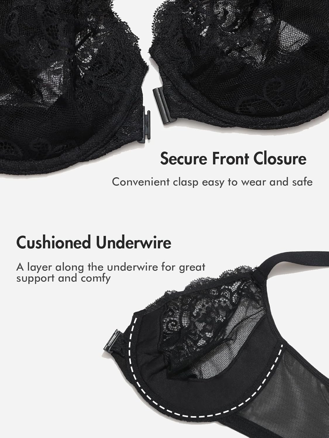 image:imageDELIMIRA Womens Front Closure Lace Underwire Sheer Bras Plus Size Full Coverage Sexy Plunge Unlined BraBlack