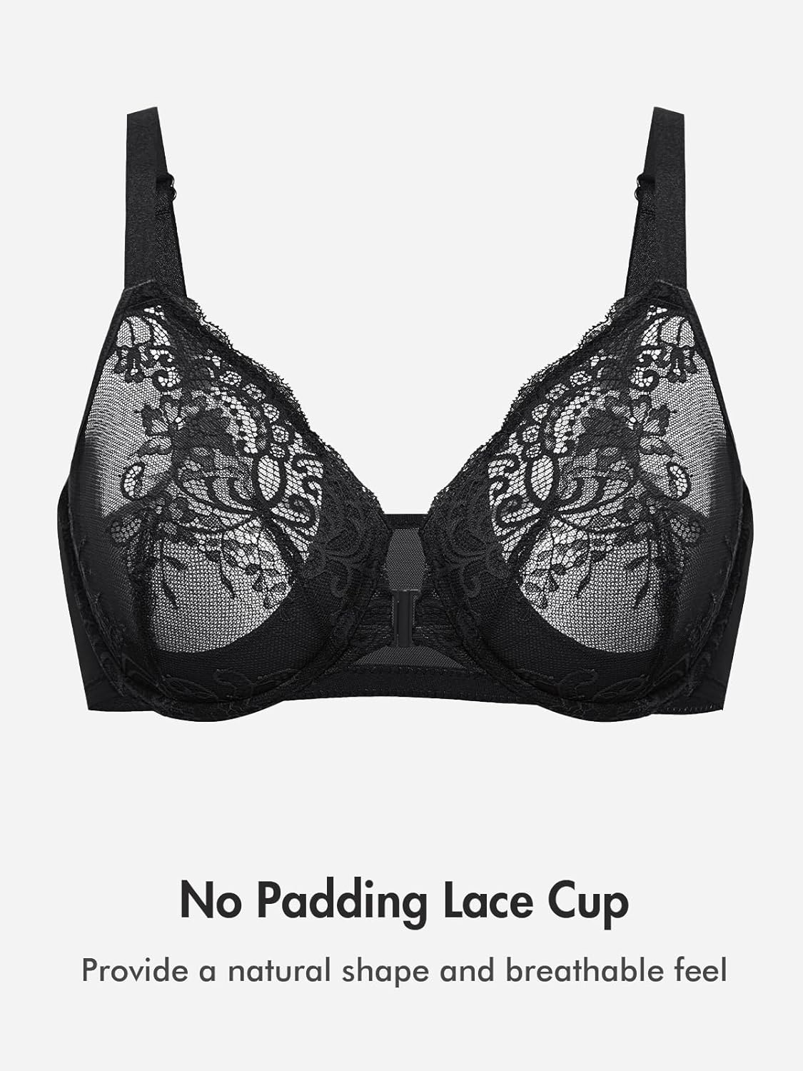 image:imageDELIMIRA Womens Front Closure Lace Underwire Sheer Bras Plus Size Full Coverage Sexy Plunge Unlined BraBlack